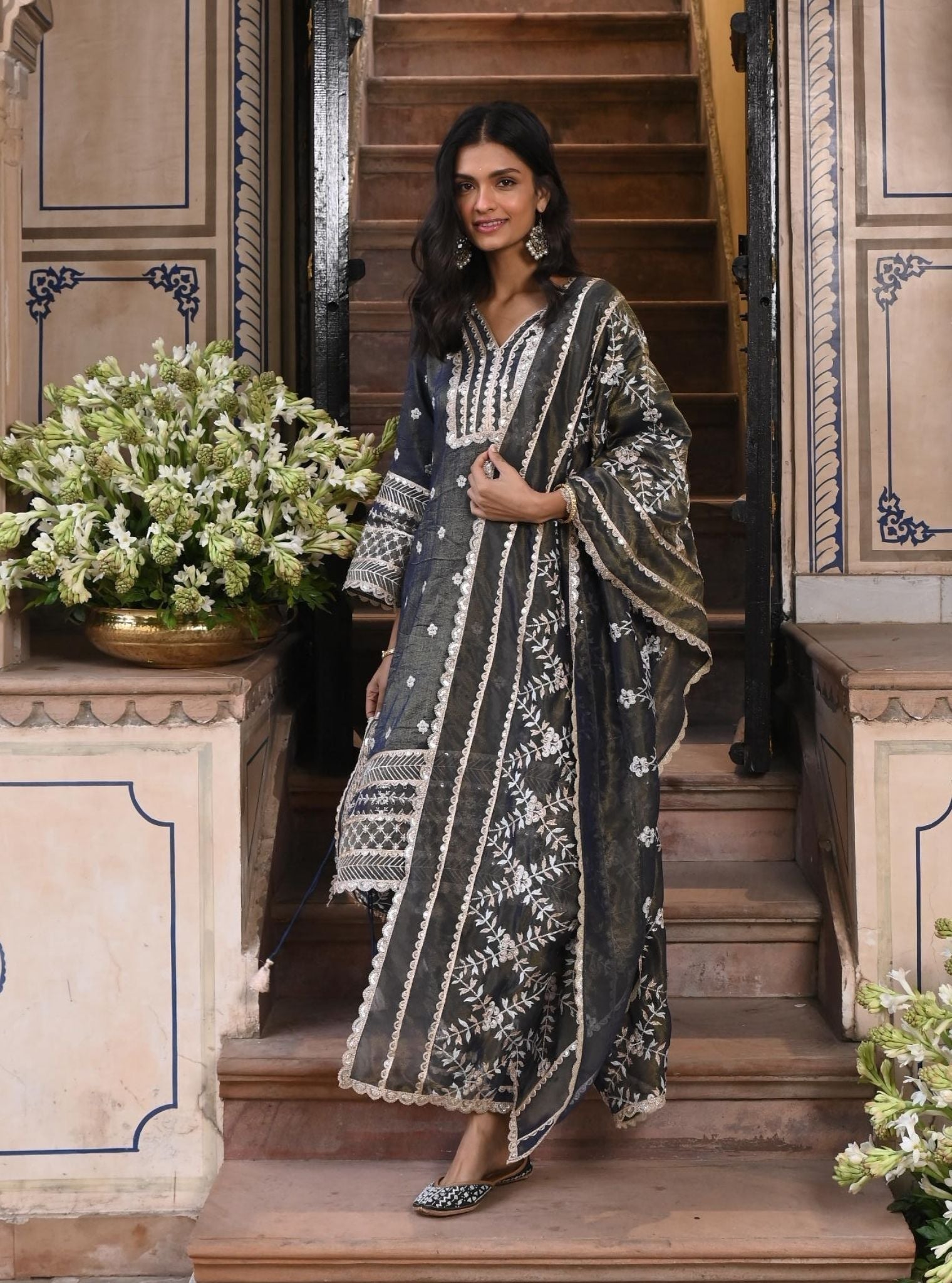 Sajni Luxe Tissue Satin Navy Kurta Set