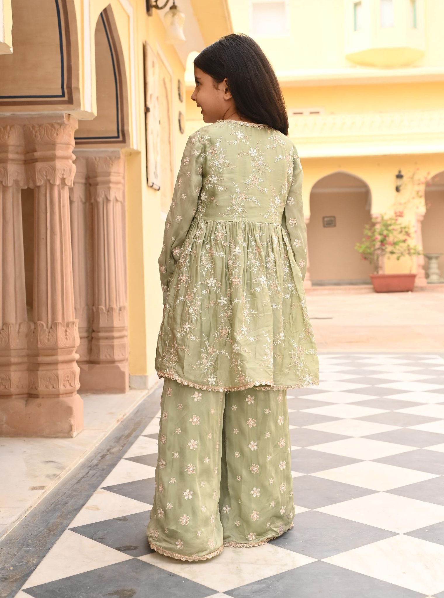 Doria Organza Satin Sage Green Kurta with Sharara Set