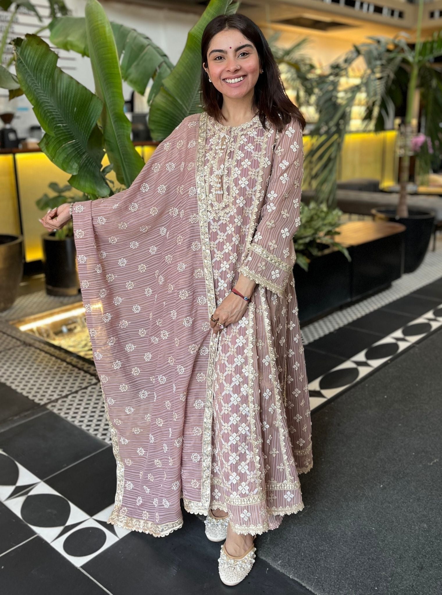 Eurielle Banarsi Lilac Anarkali Kurta Set