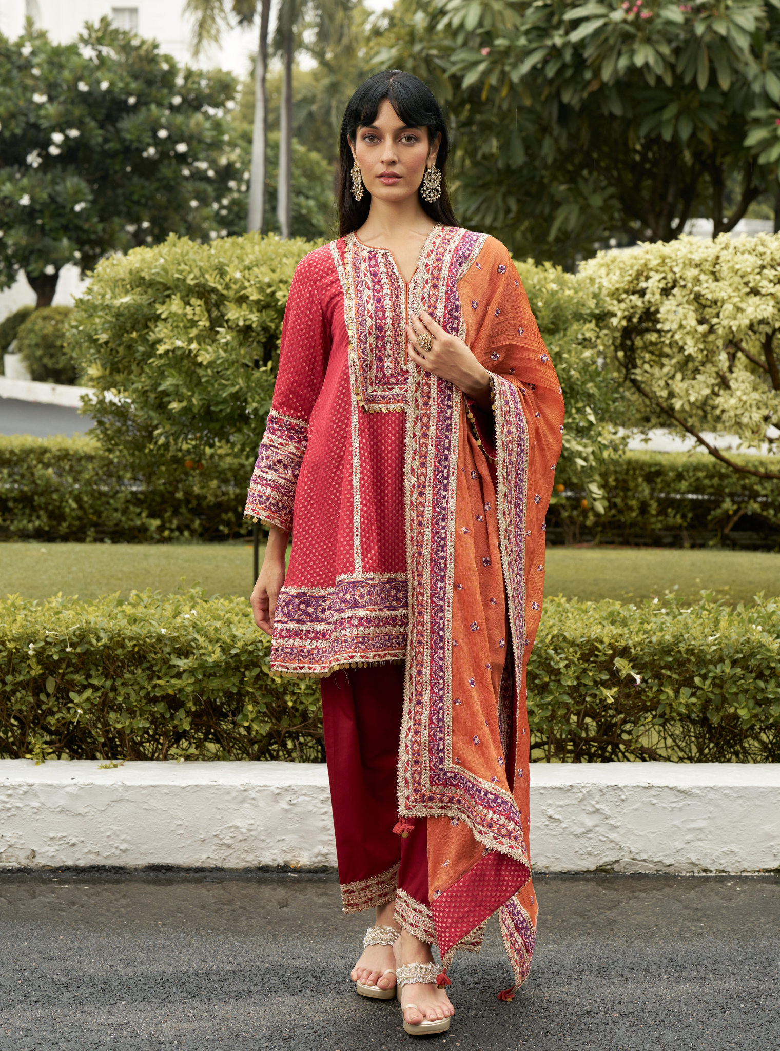 Utsavi Red Banarsi Kurta With Farshi Salwar