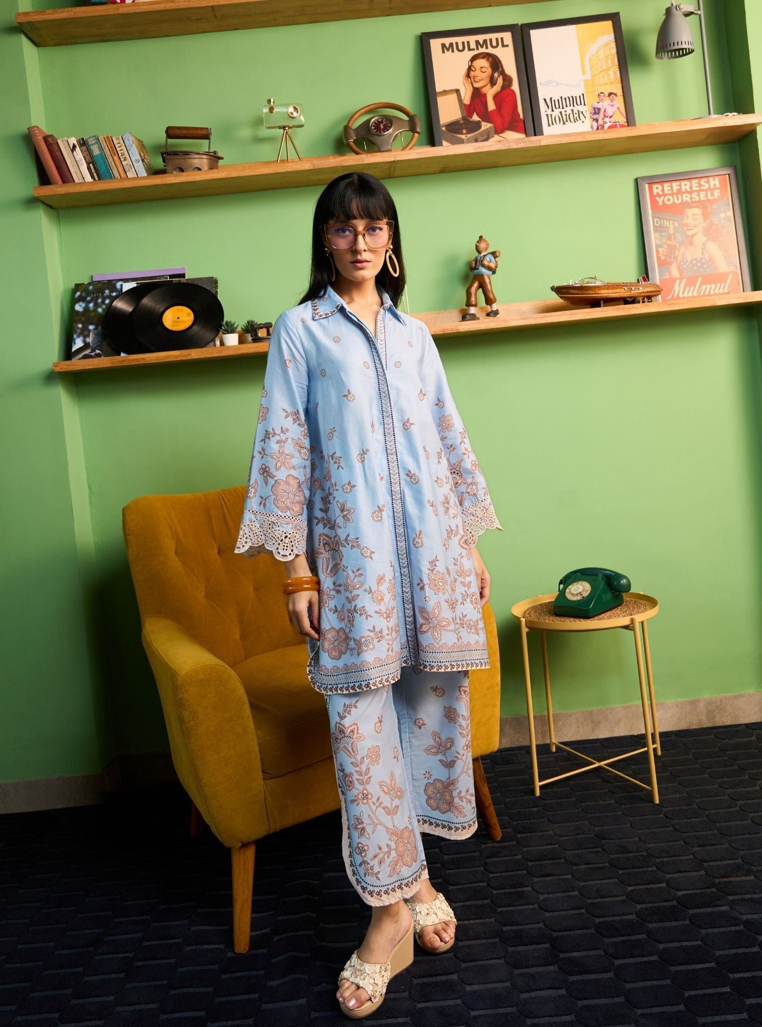 Zavi Pima Satin Blue Printed Kurta Shirt Set