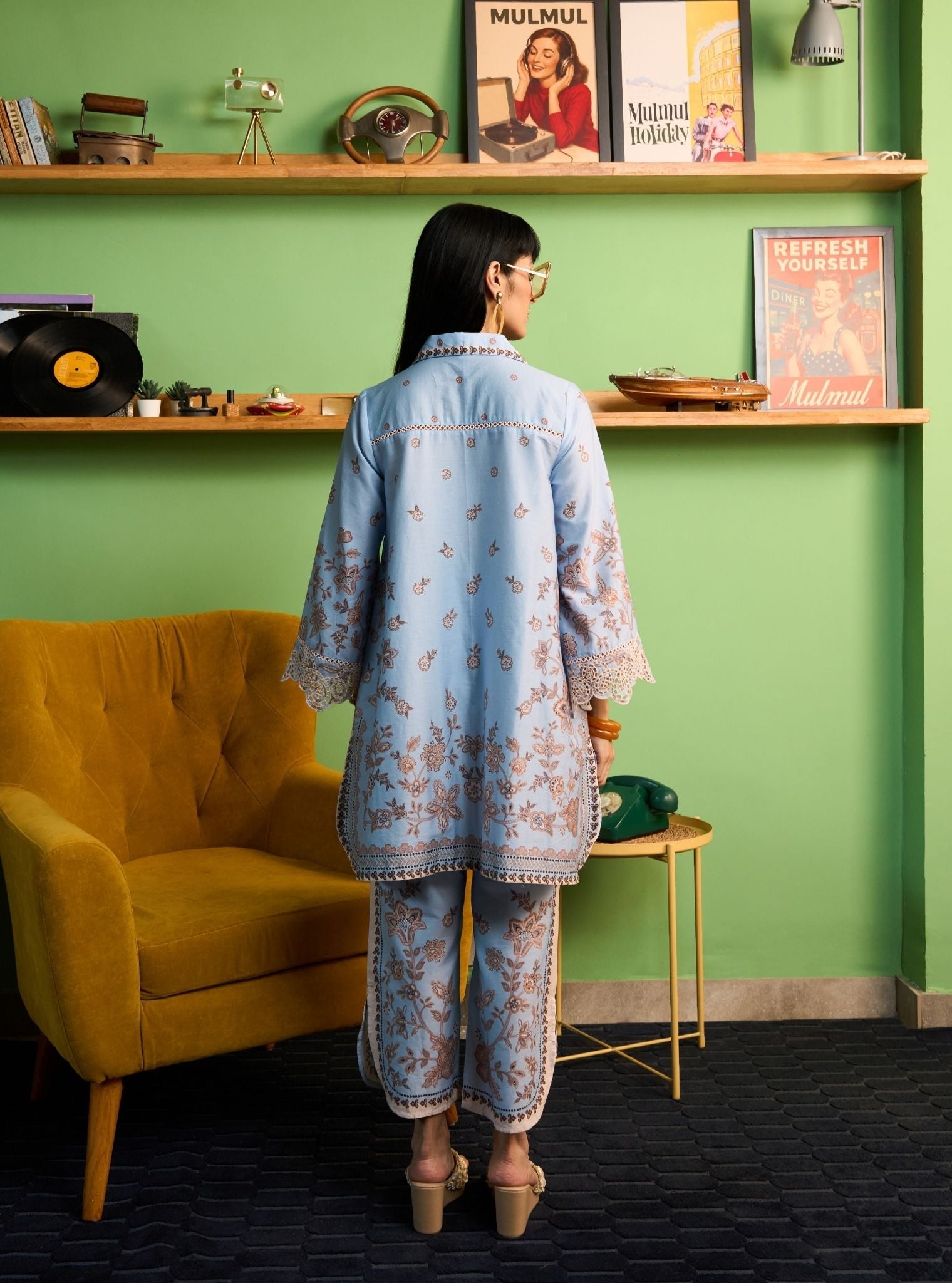 Zavi Pima Satin Blue Printed Co-ord set