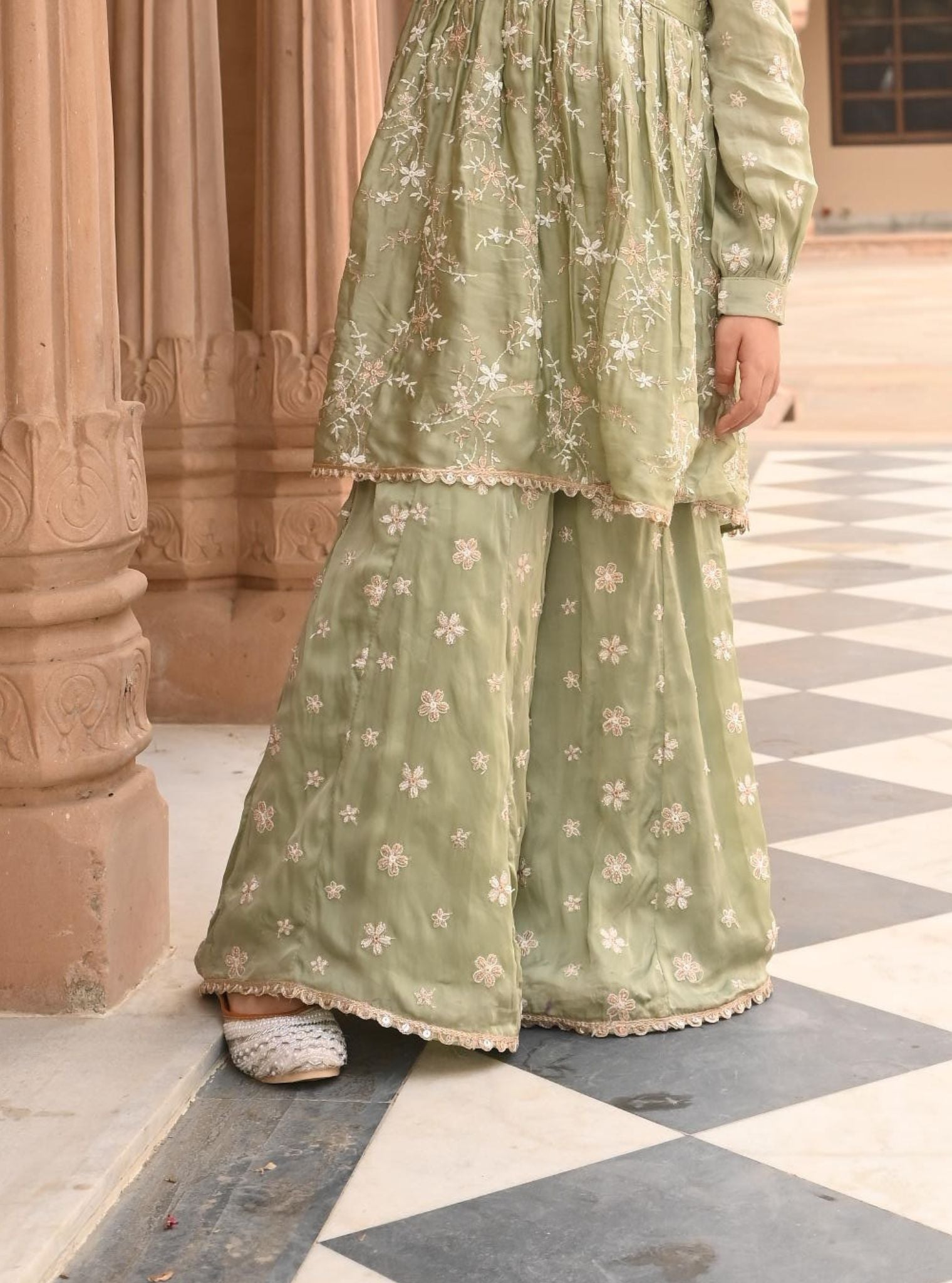 Doria Organza Satin Sage Green Kurta with Sharara Set
