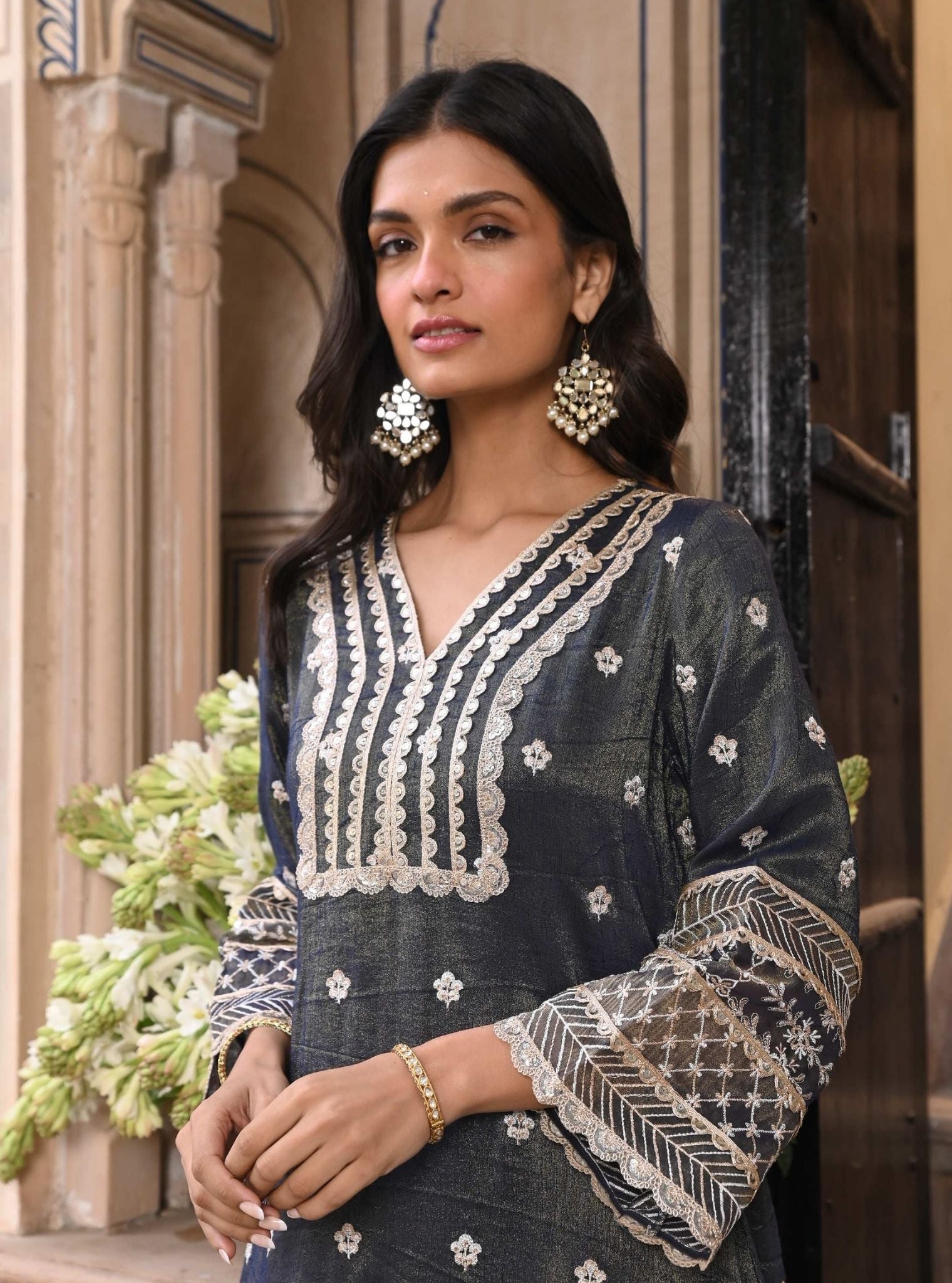 Sajni Luxe Tissue Satin Navy Kurta Set