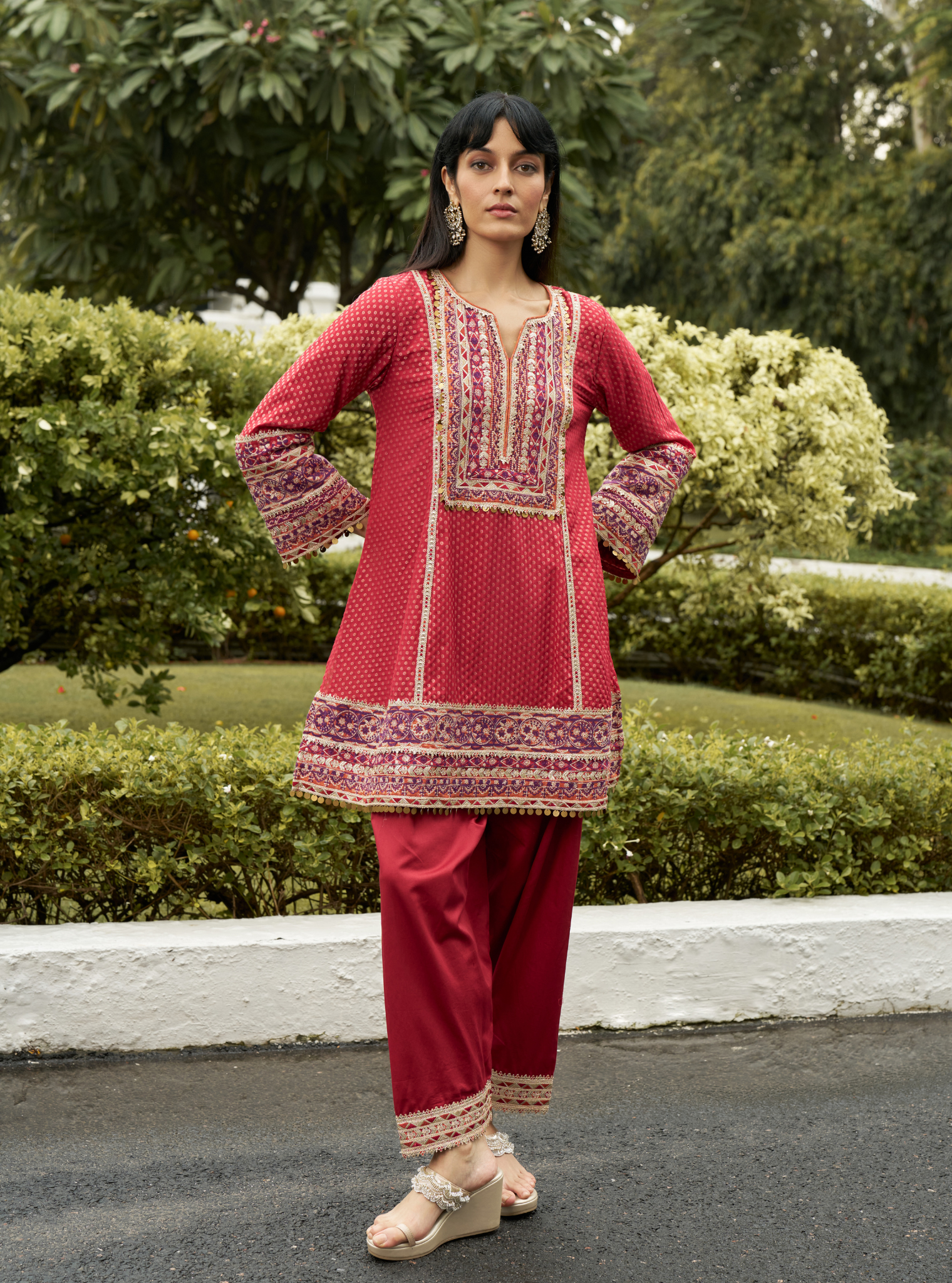 Utsavi Red Banarsi Kurta With Farshi Salwar