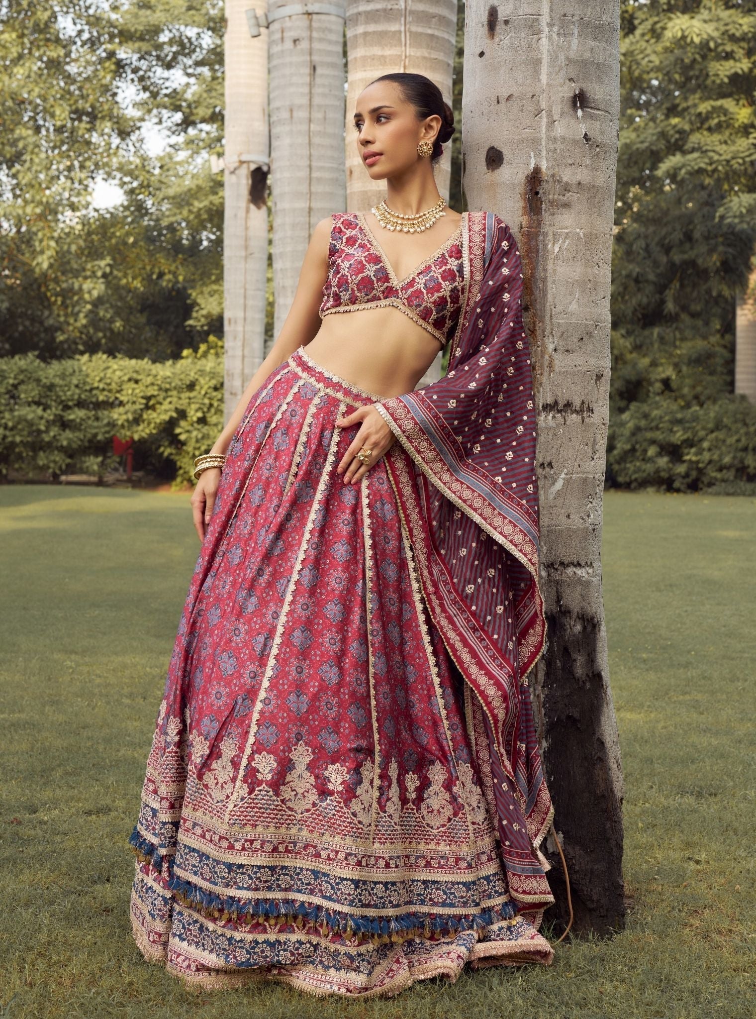 Taal Cupro Satin Red Ajrakh Print Lehenga