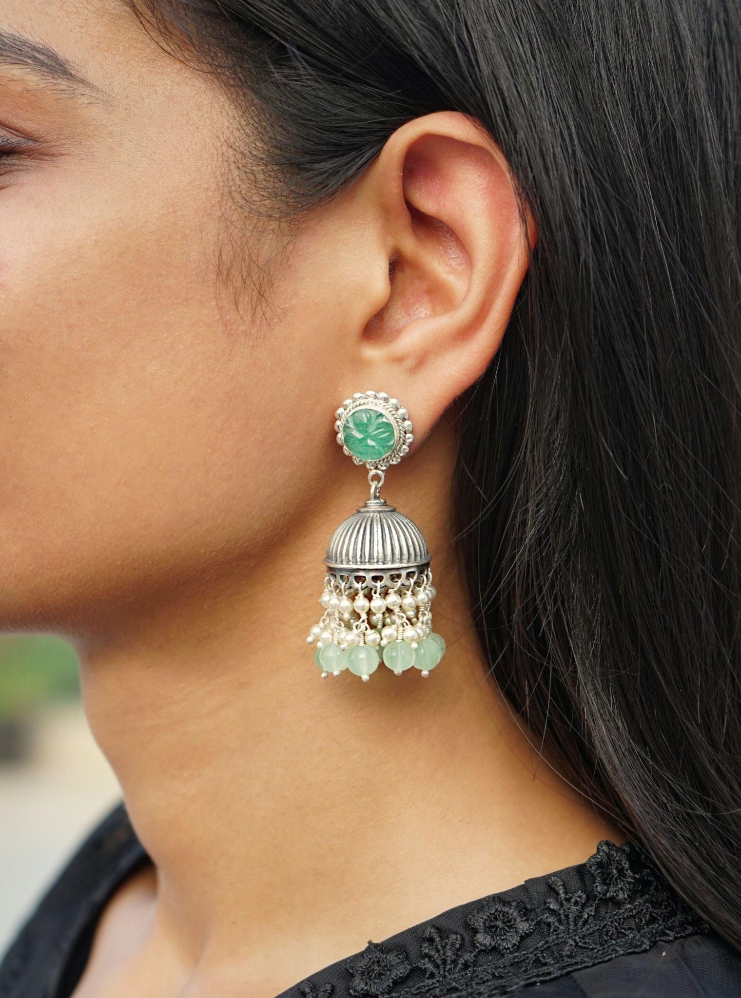 Pure Silver Jia Jhumka Green