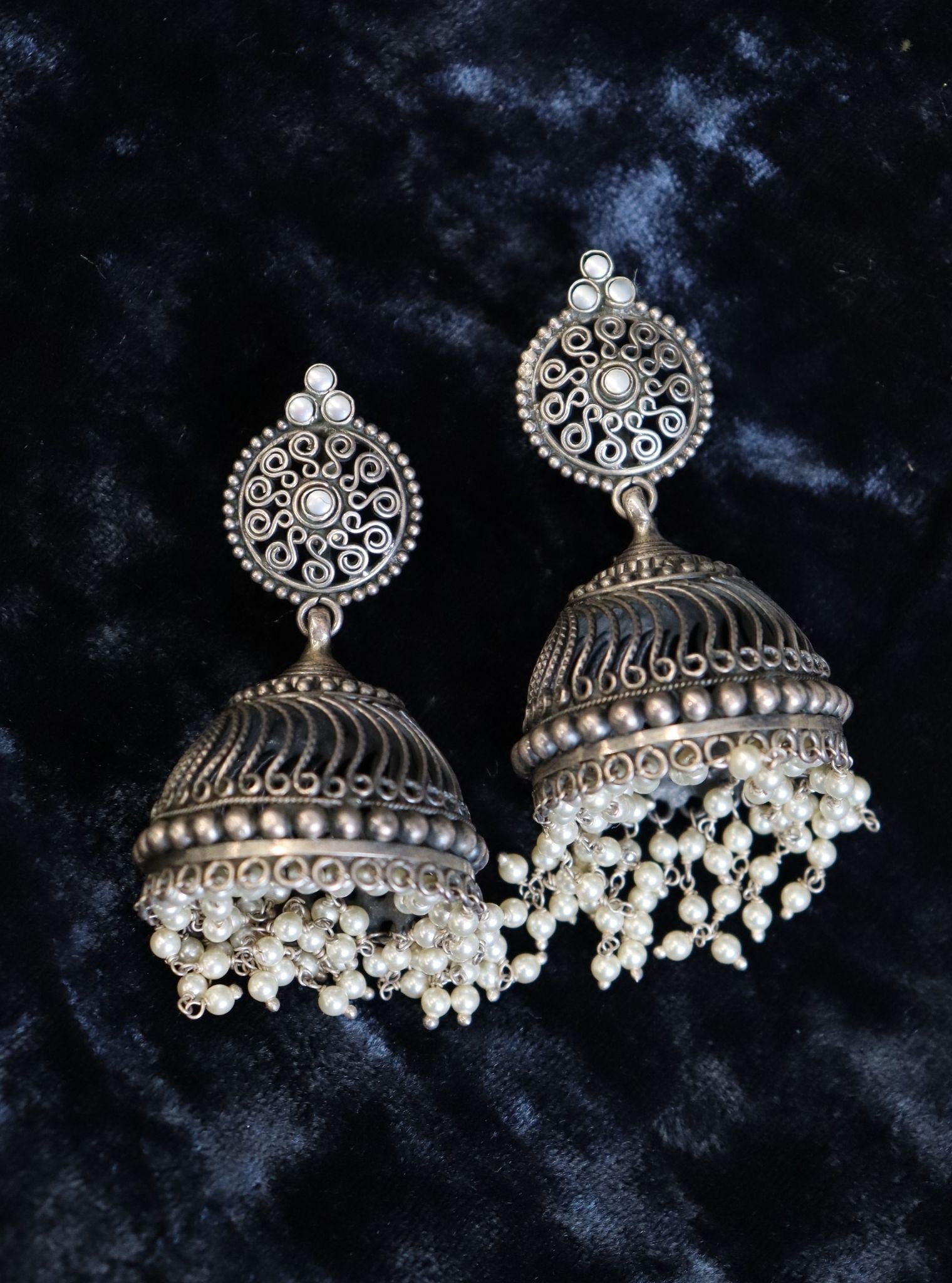 Pure Silver Zinnia Jhumkas with Pearls