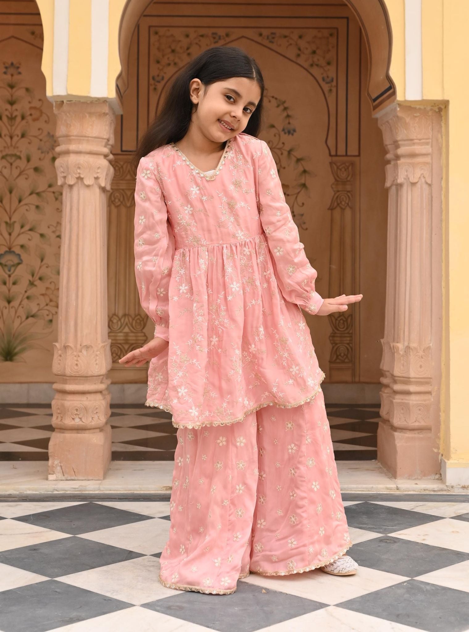 Doria Organza Satin Pink Kurta with Sharara Set