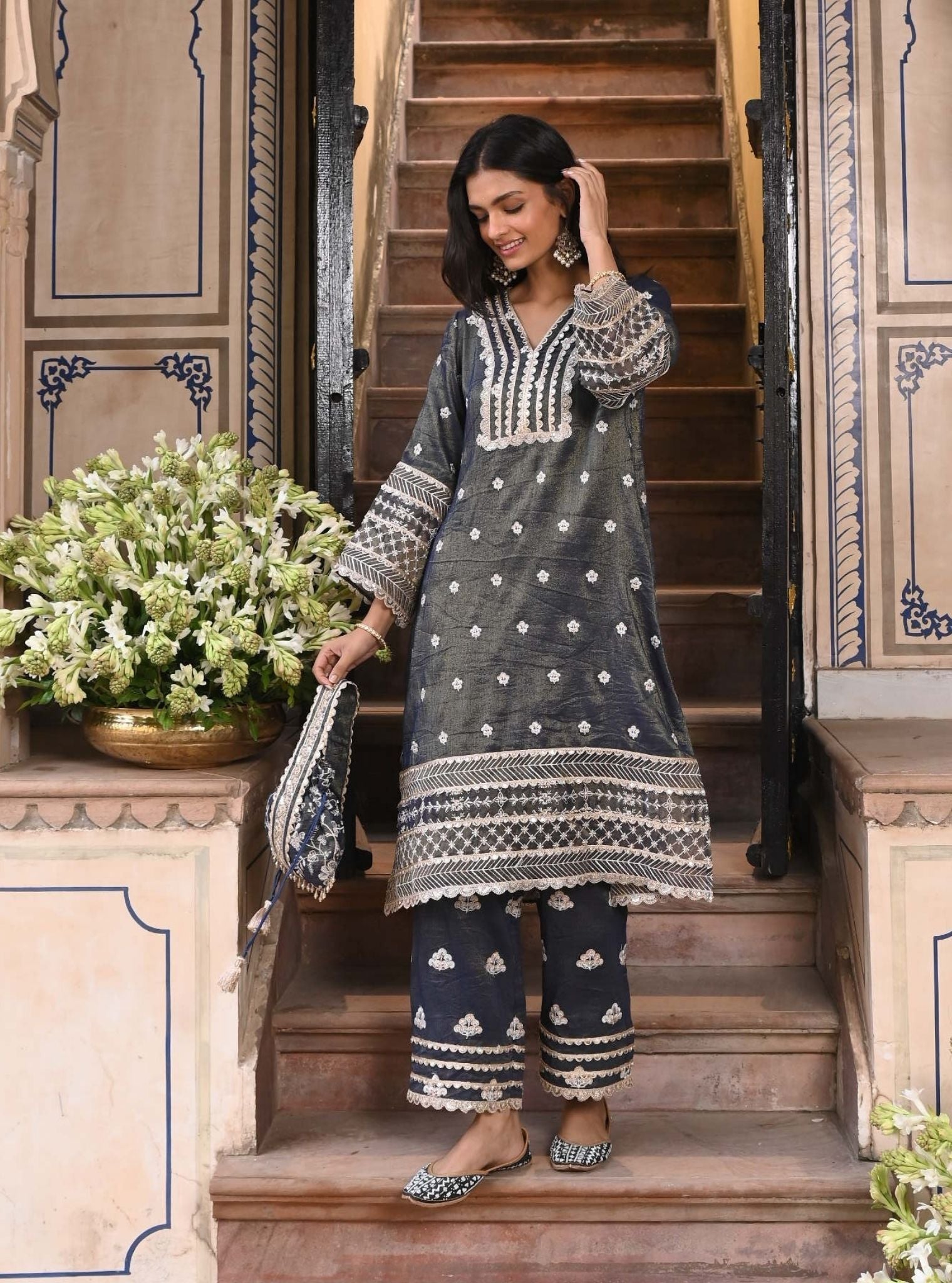 Sajni Luxe Tissue Satin Navy Kurta Set