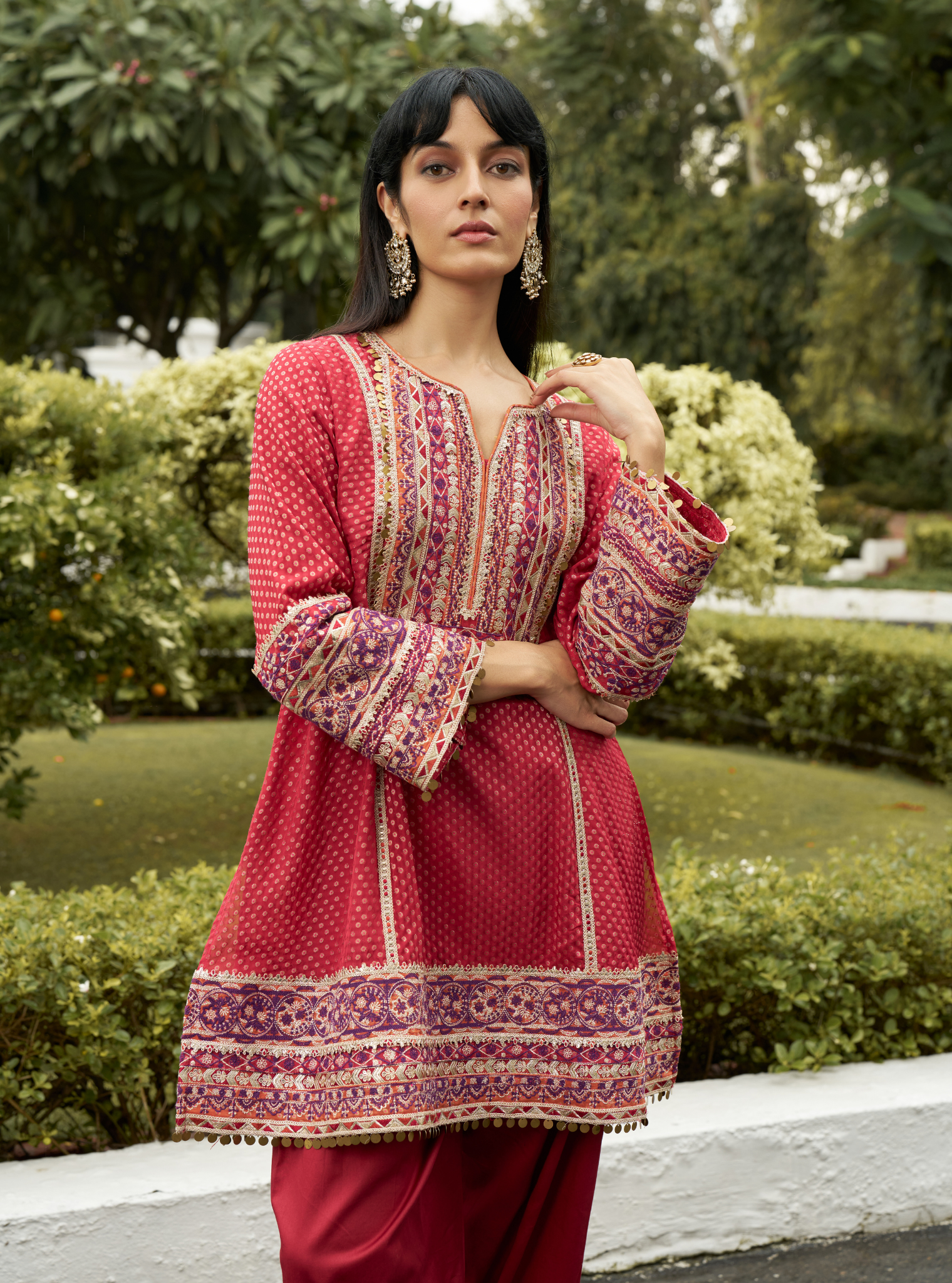 Utsavi Red Banarsi Kurta With Farshi Salwar