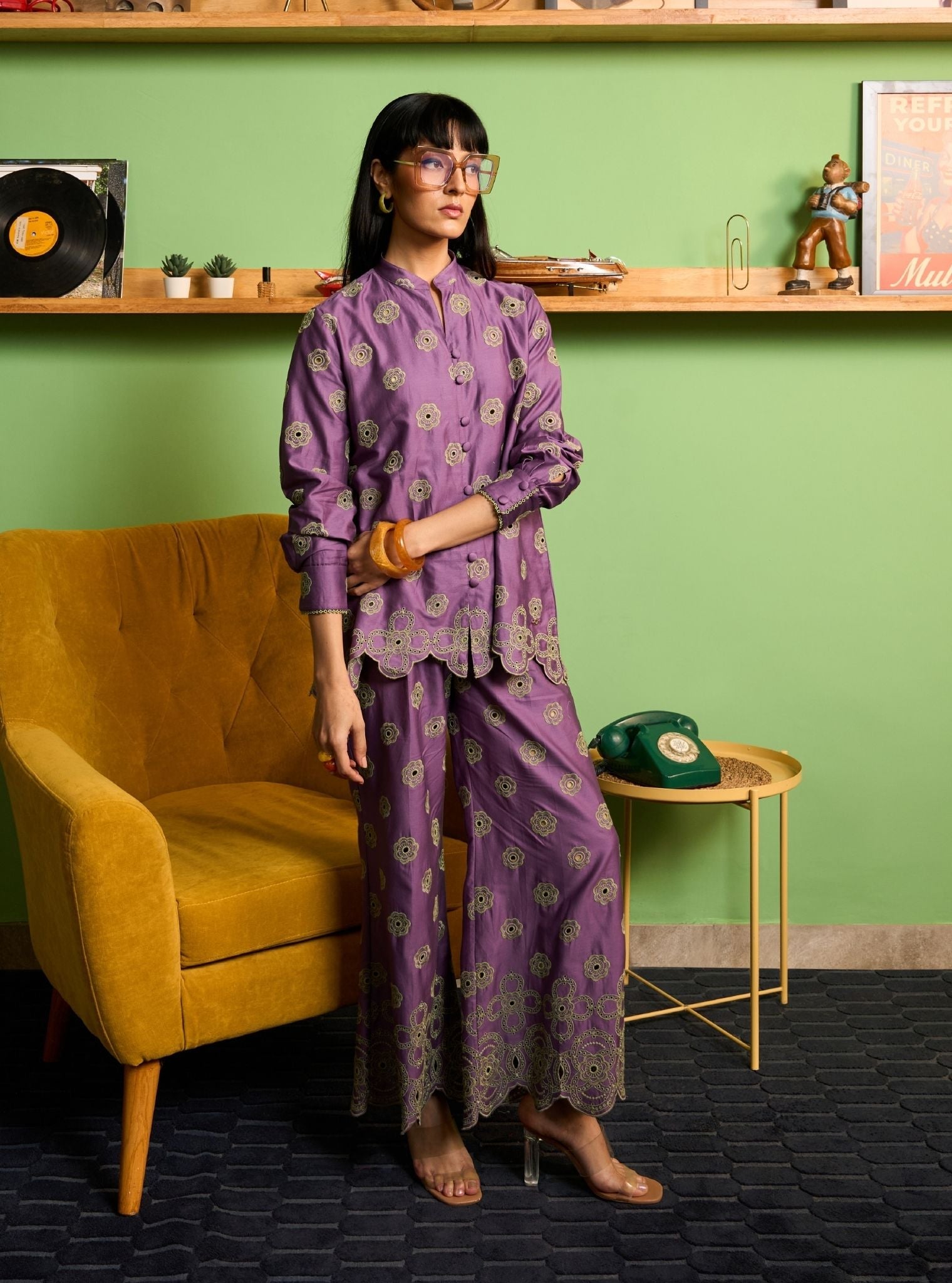 Zivi Pima Satin Violet Shirt Set