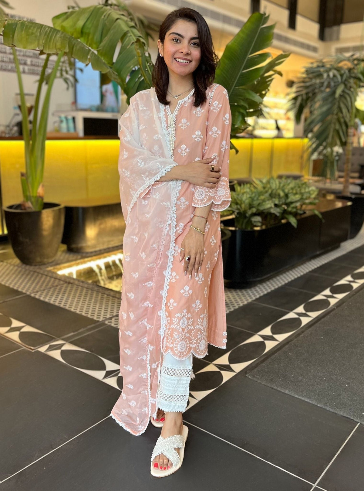 Arpora Supima Cotton Peach Kurta With Floral Ladder Slim Pant