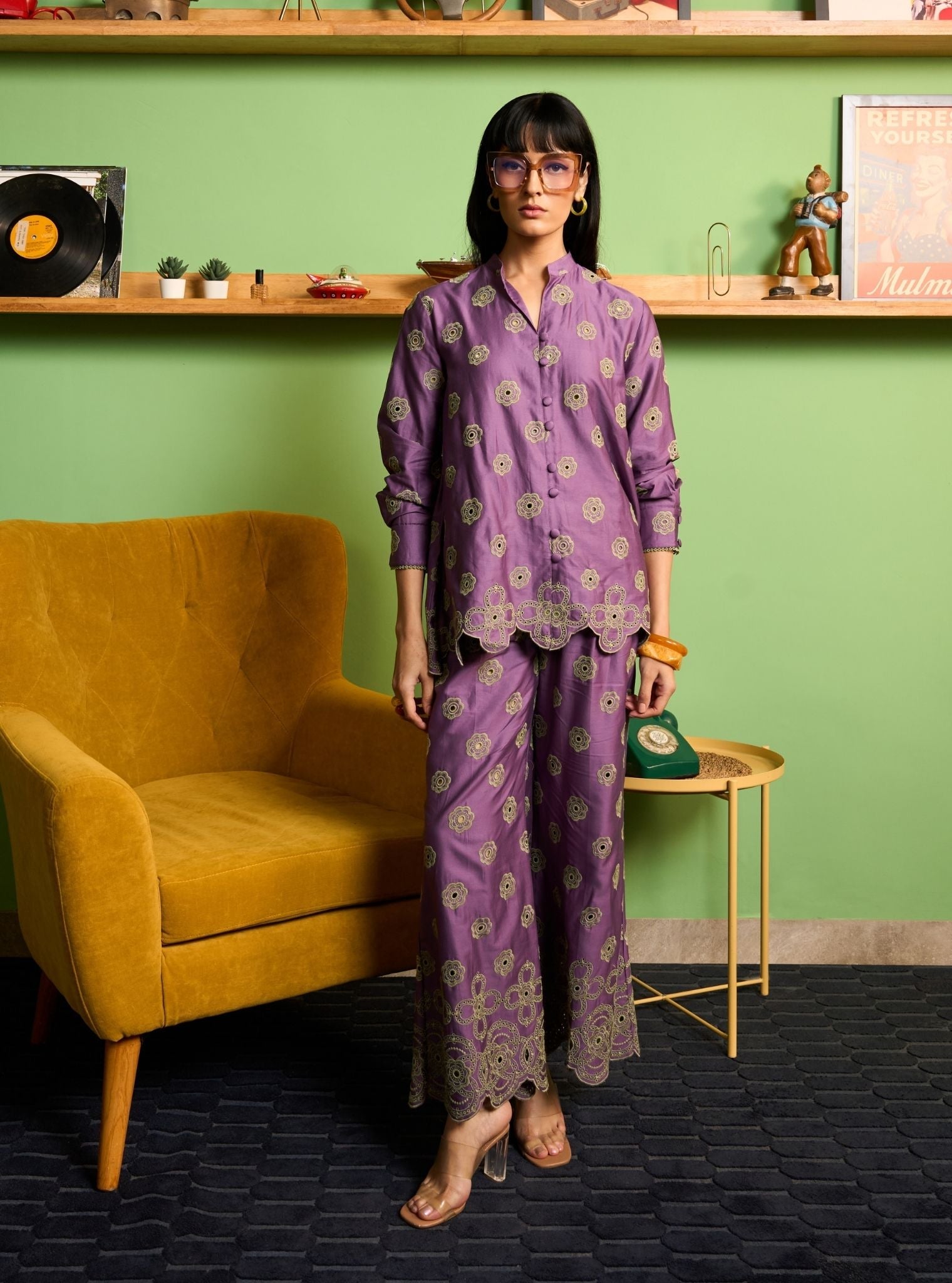 Zivi Pima Satin Violet Shirt Set