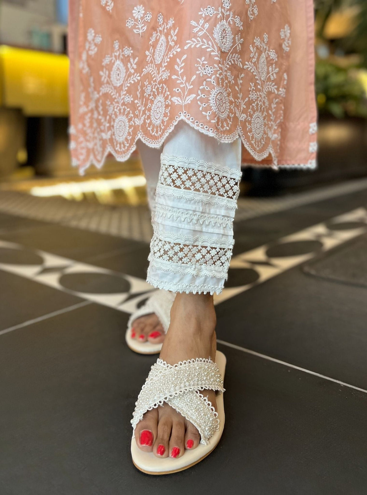 Arpora Supima Cotton Peach Kurta With Floral Ladder Slim Pant