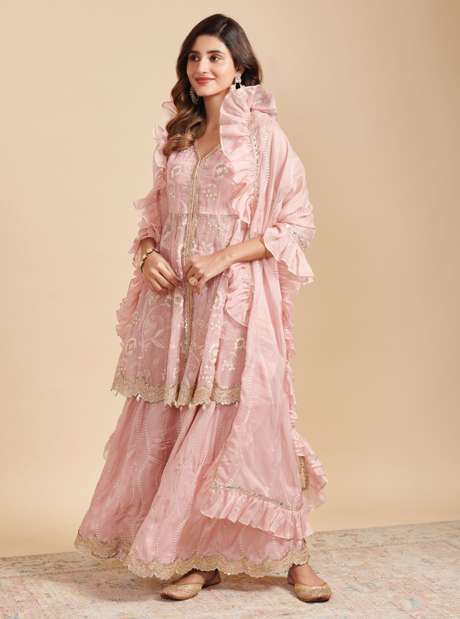 Lashkara Organza Short Anarkali Pink Kurta with Sharara Set