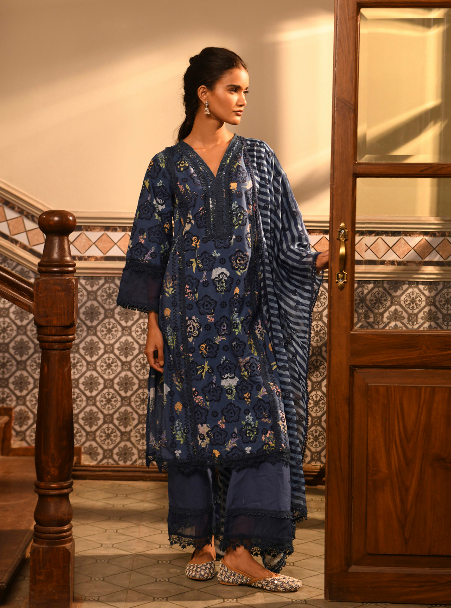 Binita Supima Cotton Printed Navy Kurta Set