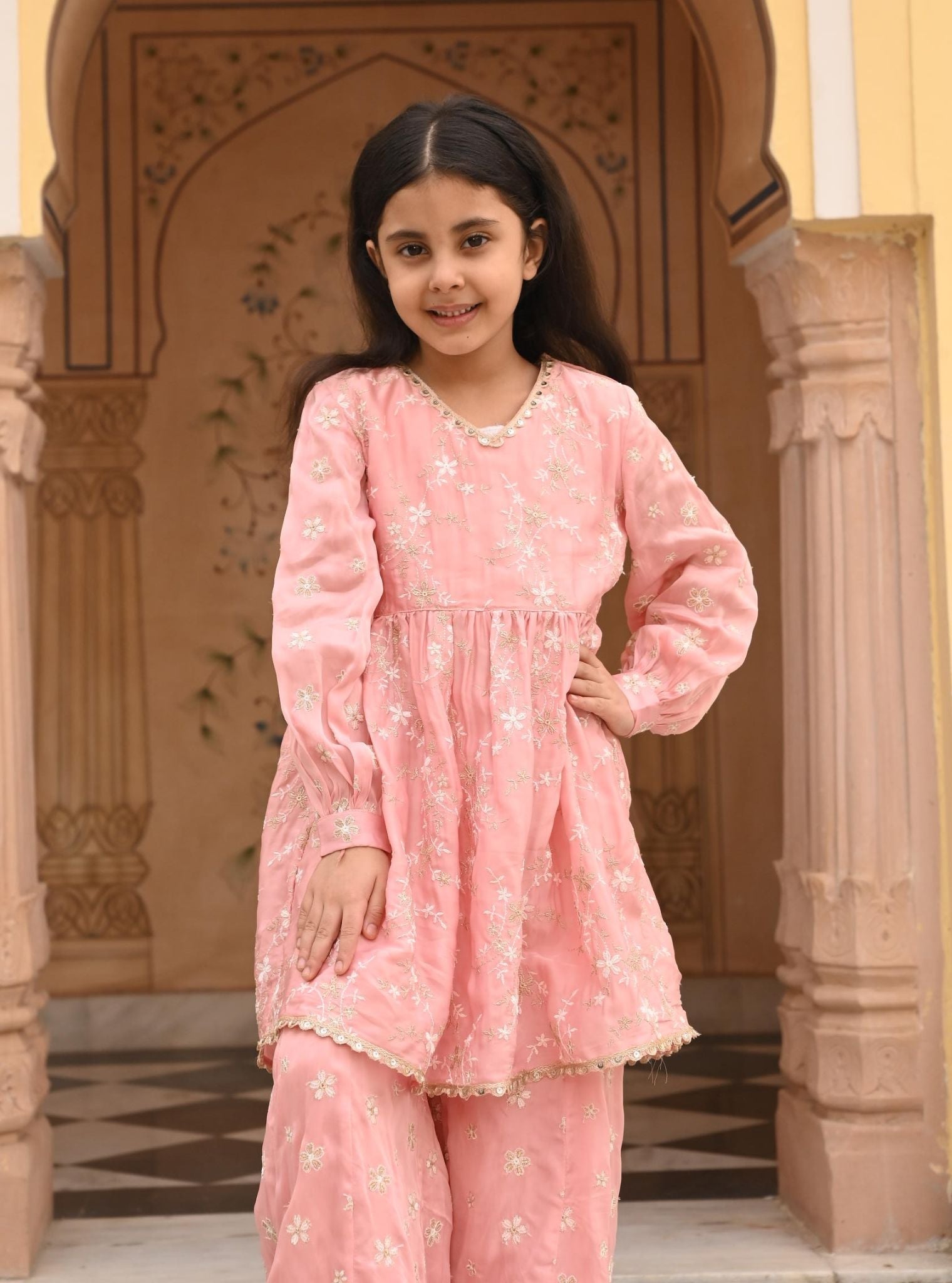 Doria Organza Satin Pink Kurta with Sharara Set