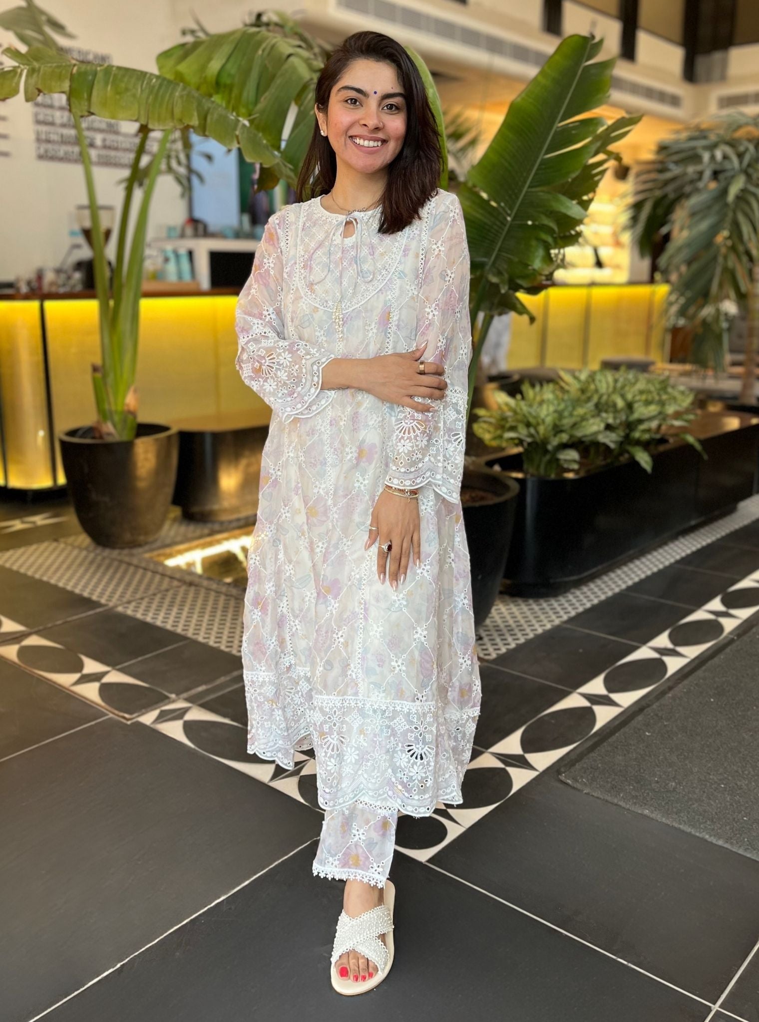 Idika Organza Printed White Anarkali Kurta Set