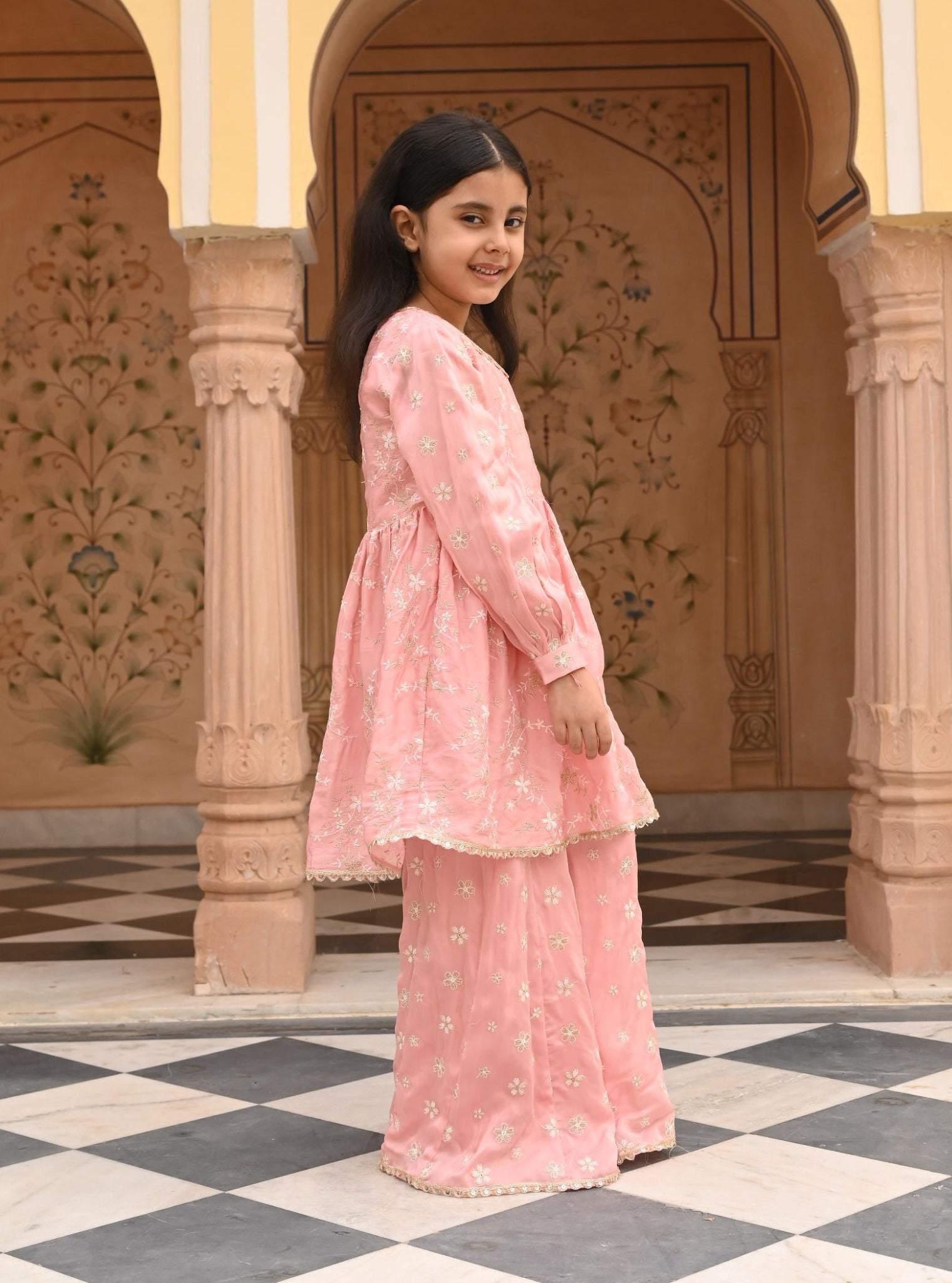 Doria Organza Satin Pink Kurta with Sharara Set