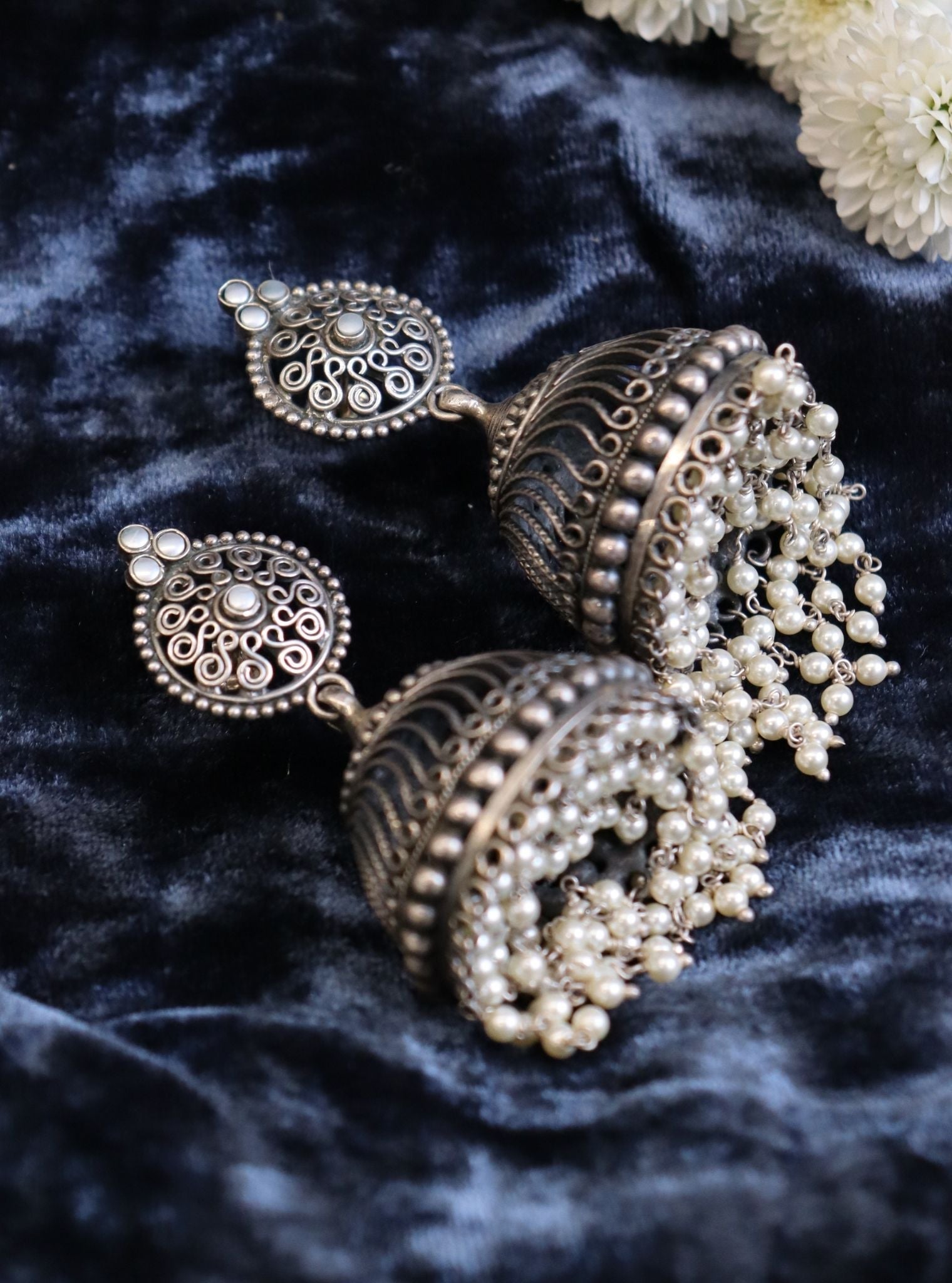 Pure Silver Zinnia Jhumkas with Pearls