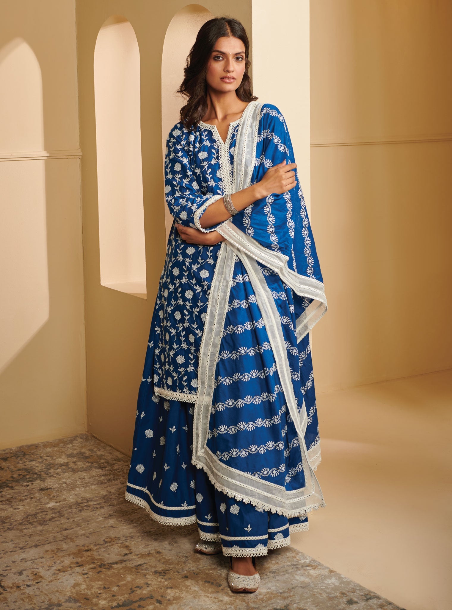 Renisa Supima Cotton Navy Kurta with Skirt Set