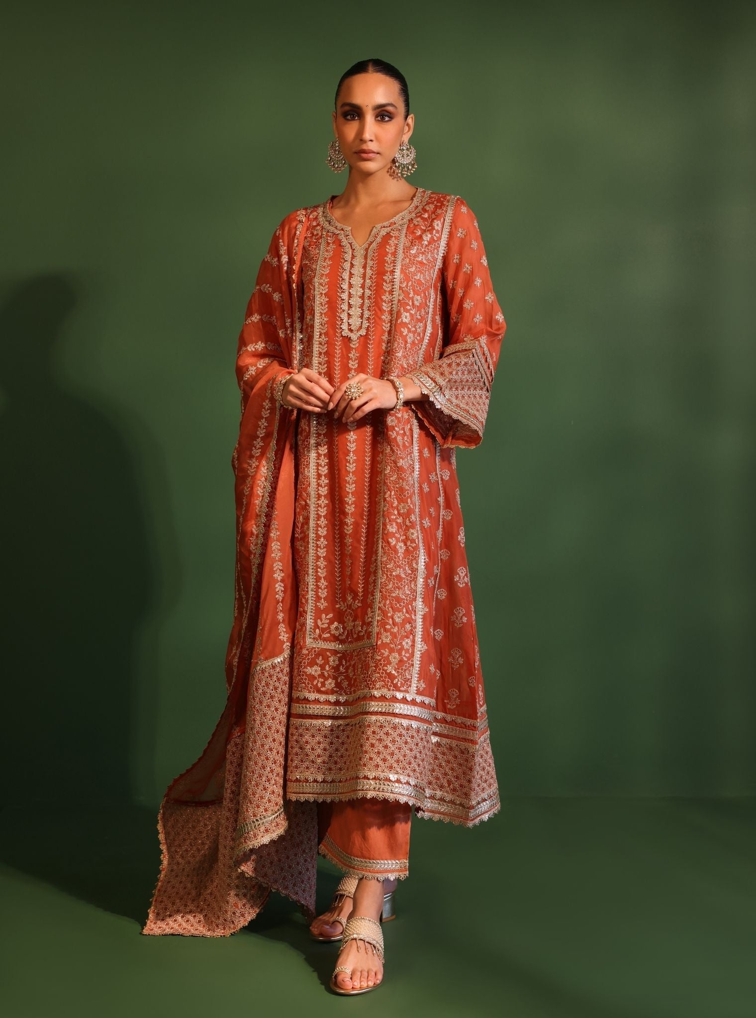 Katha Organza Orange Anarkali Kurta Set