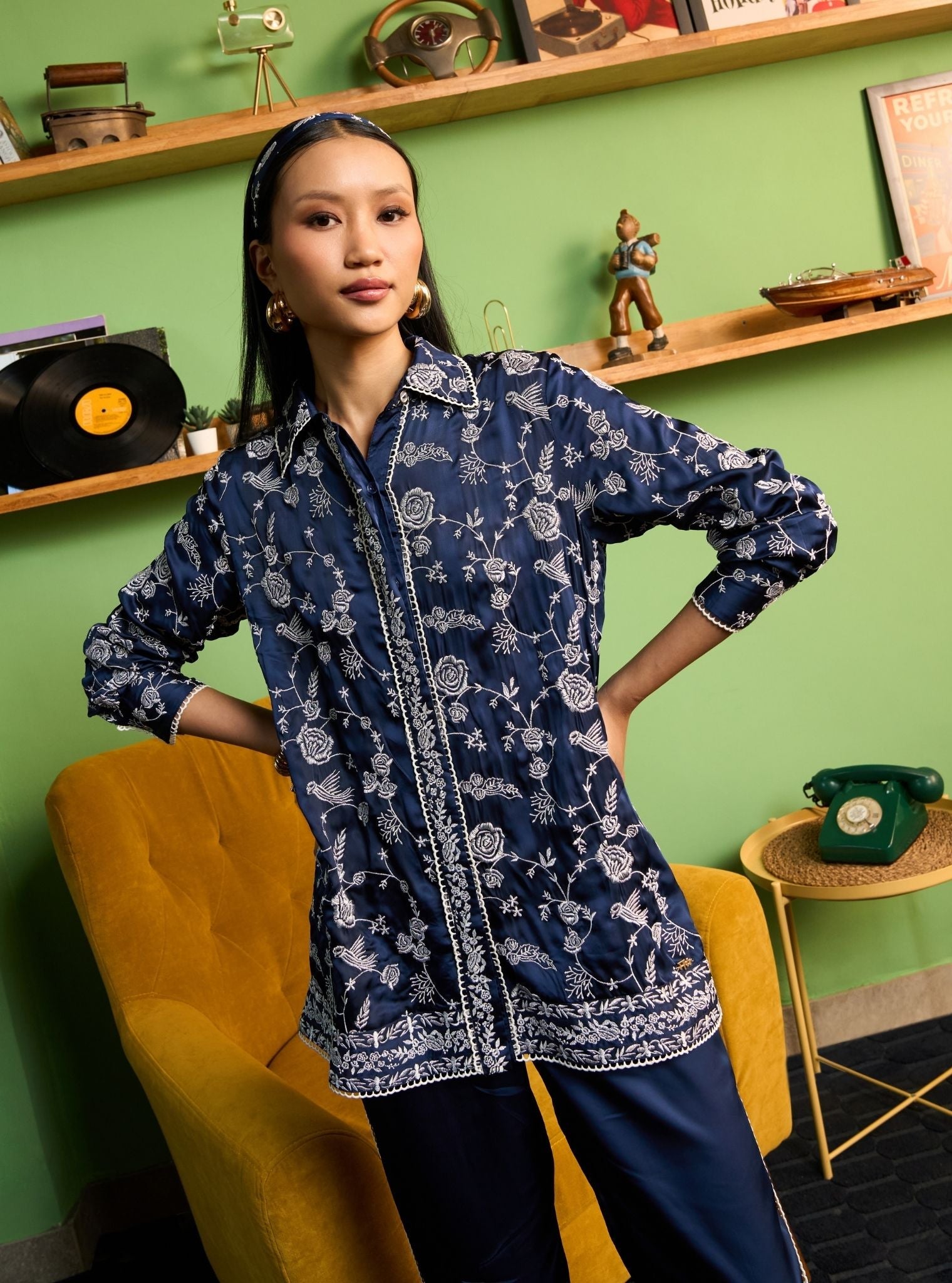 Zuvina Cupro Satin Navy Shirt Set