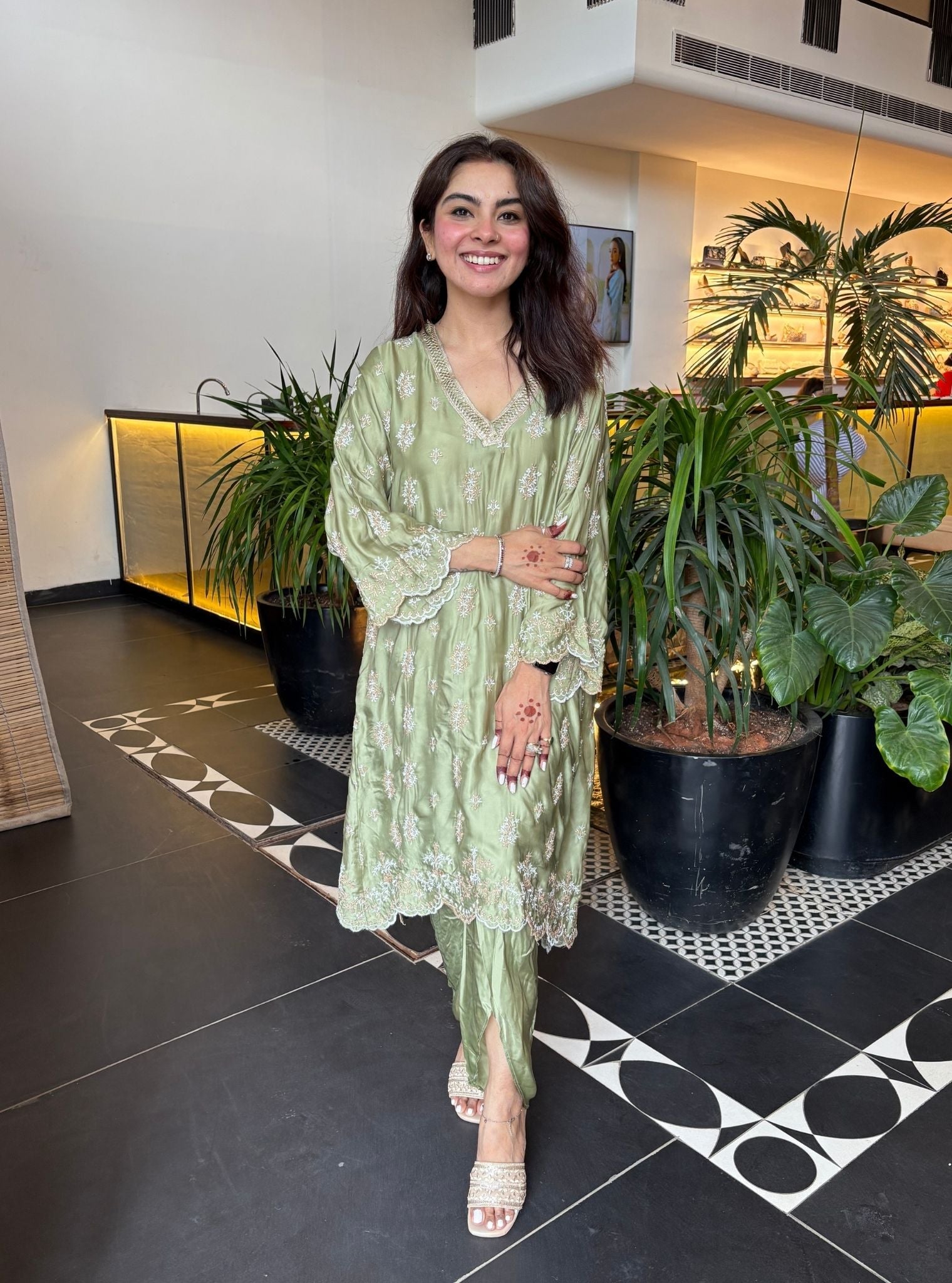 Callaia Cupro Satin Moss Green Kurta Set