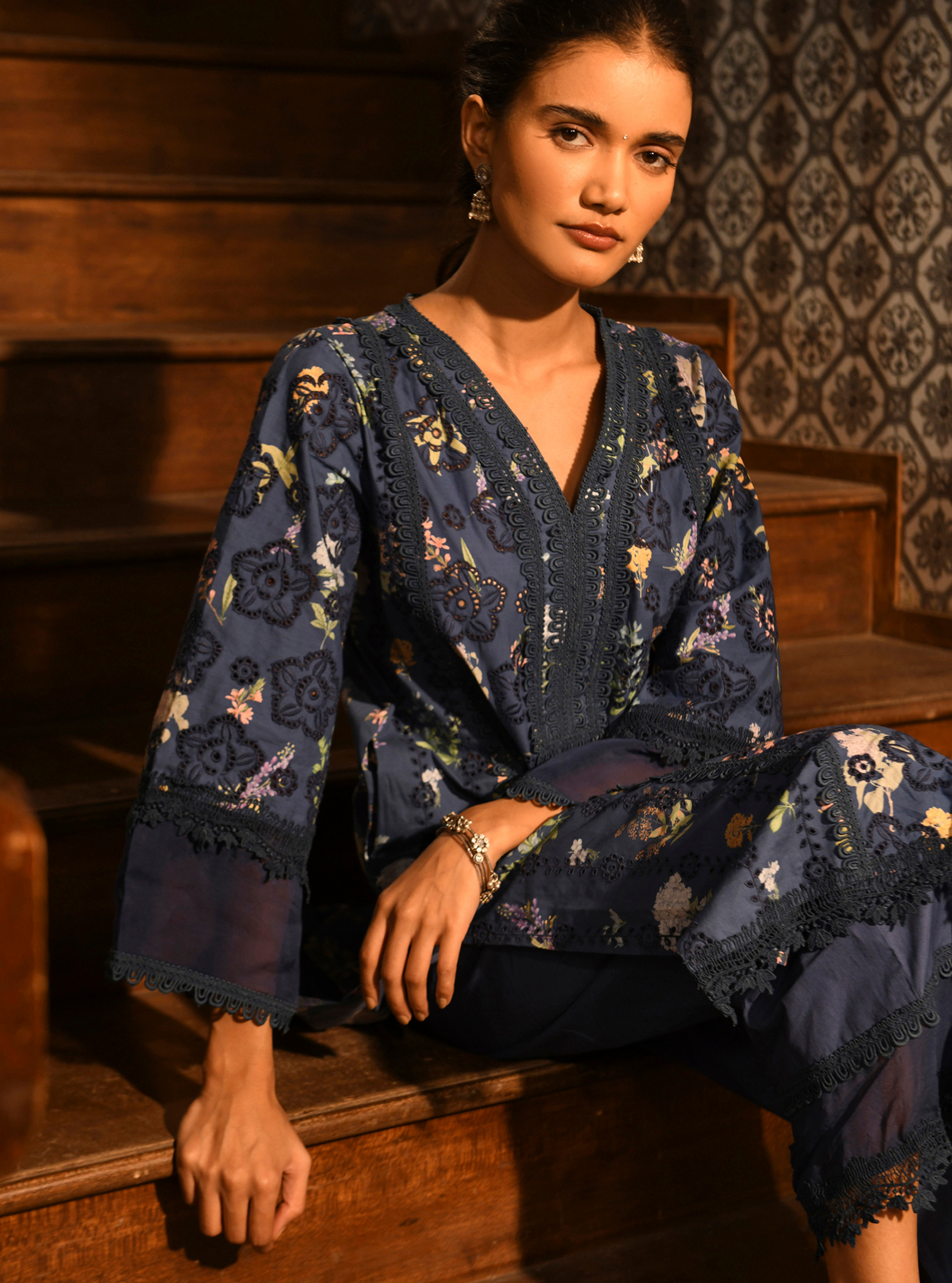 Binita Supima Cotton Printed Navy Kurta Set