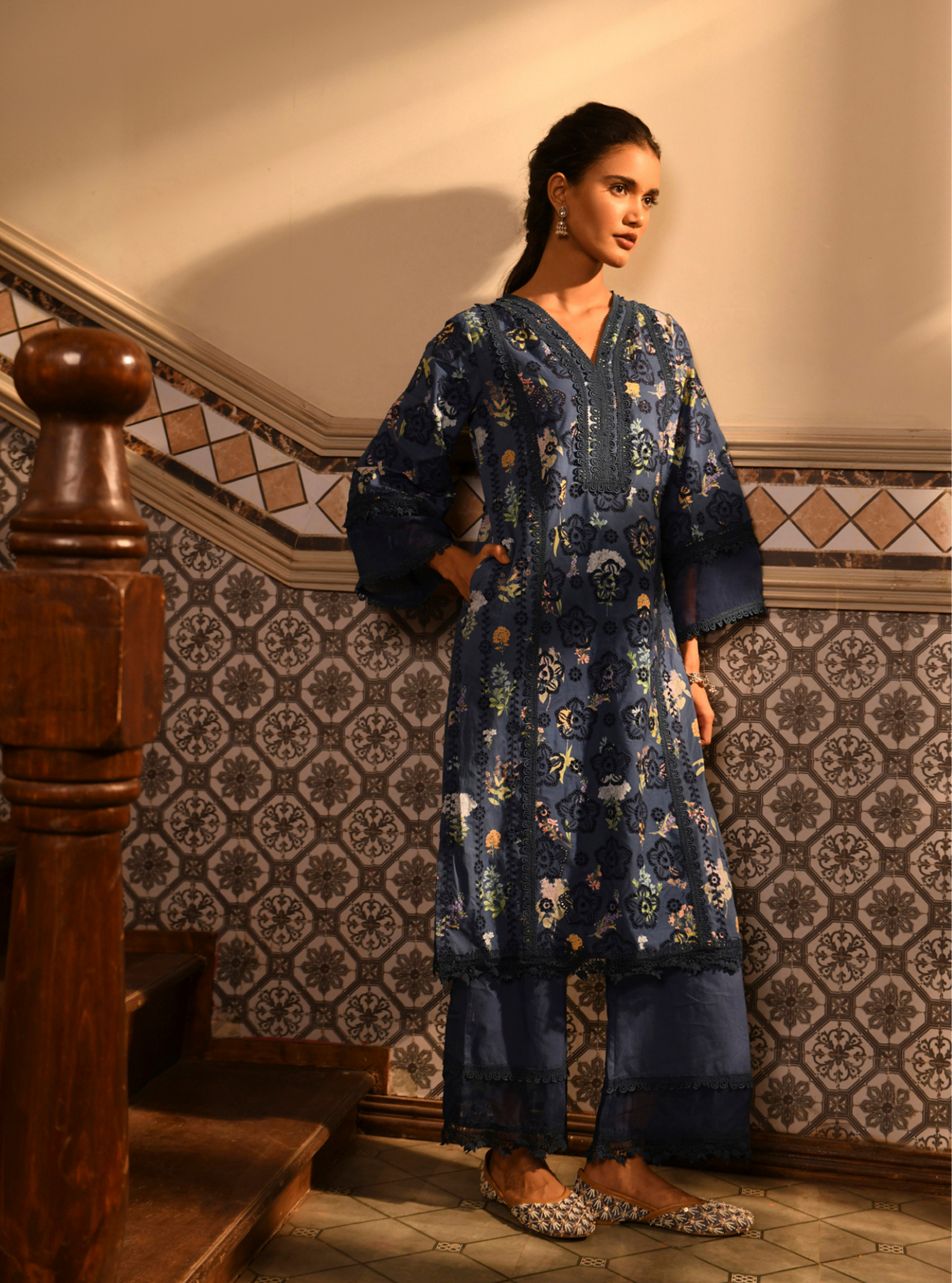 Binita Supima Cotton Printed Navy Kurta Set