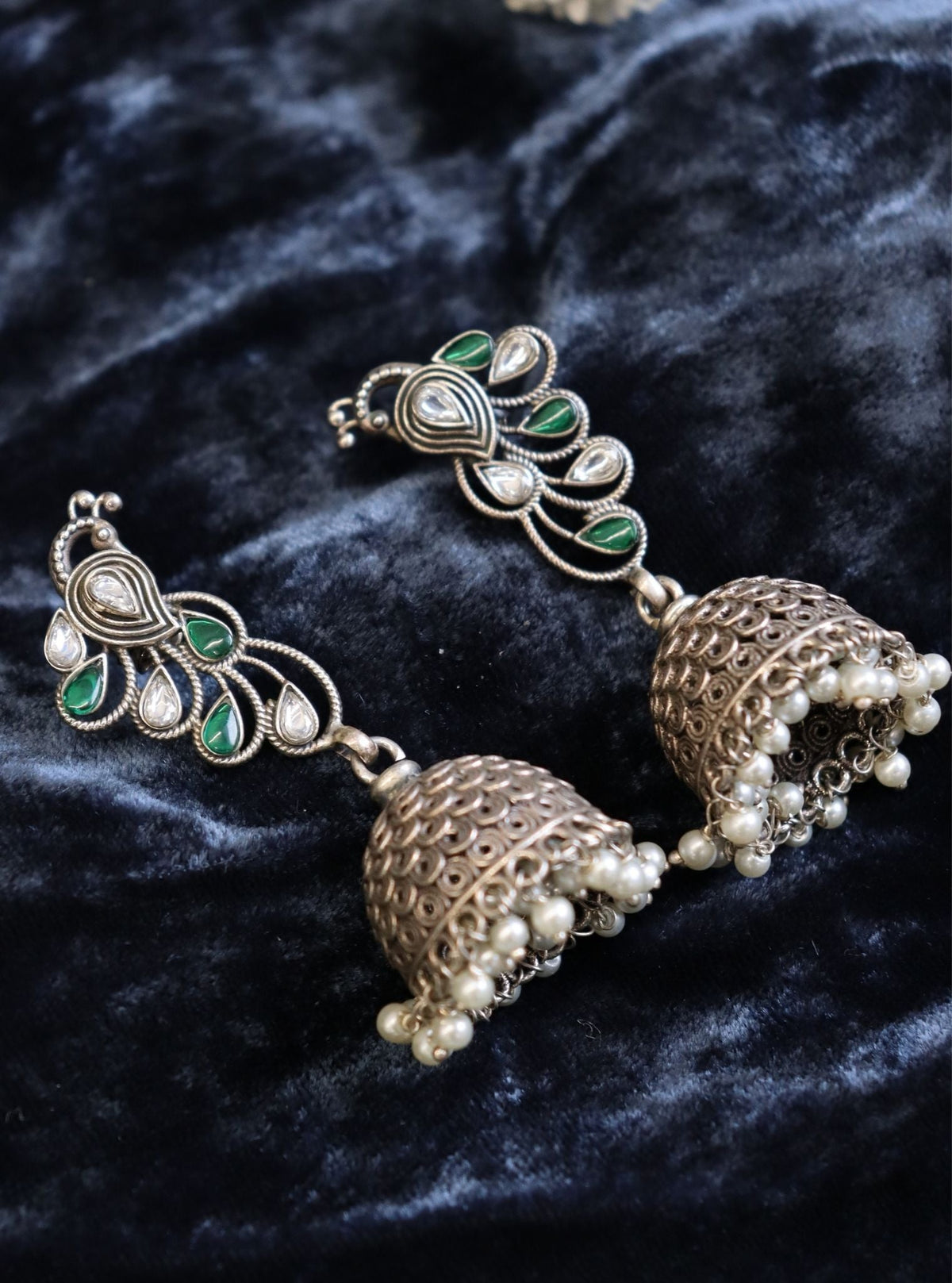 Pure Silver Green Peacock Tribal Jhumka