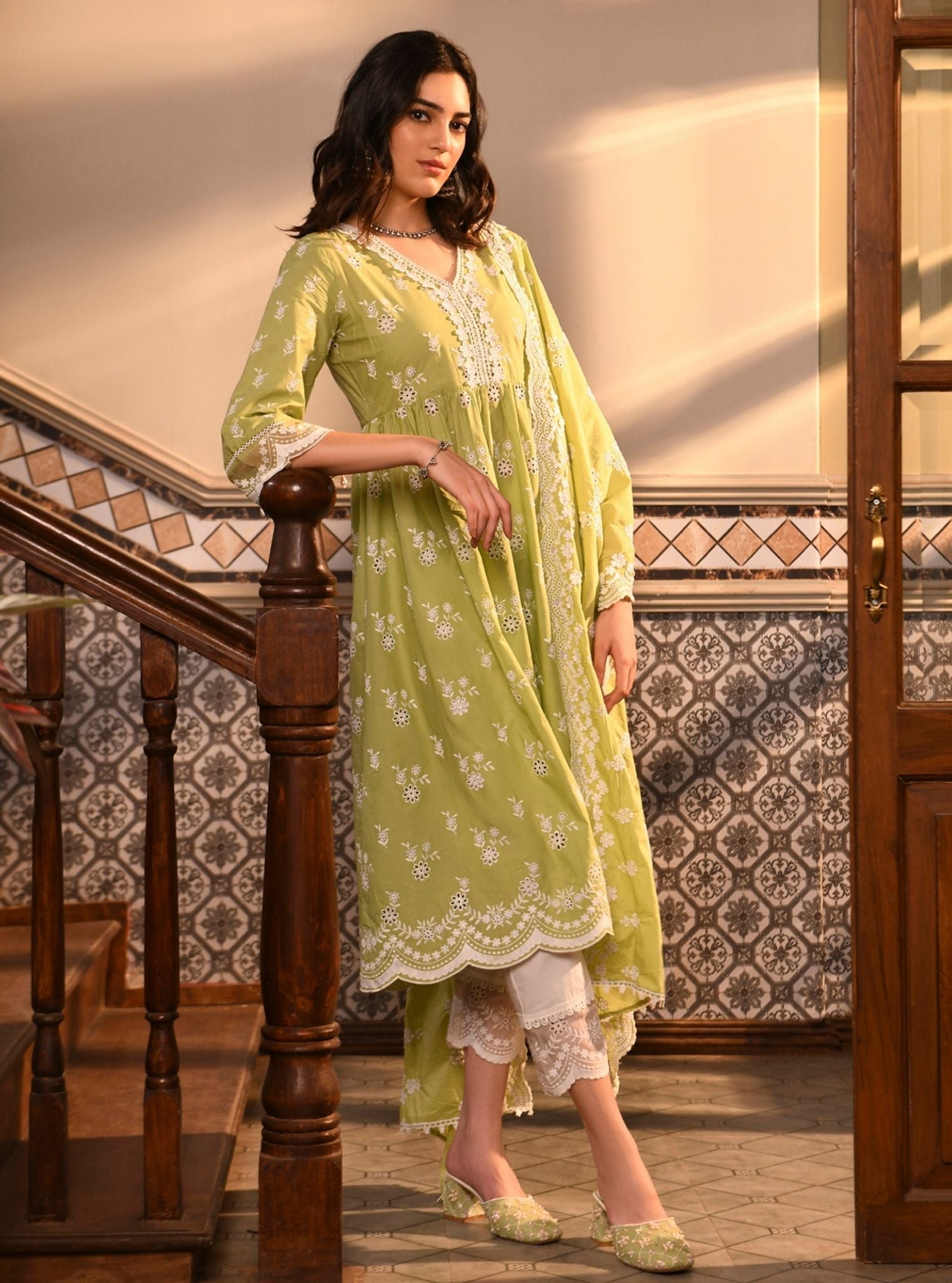 Afarin Supima Cotton Light Green Anarkali Kurta Set
