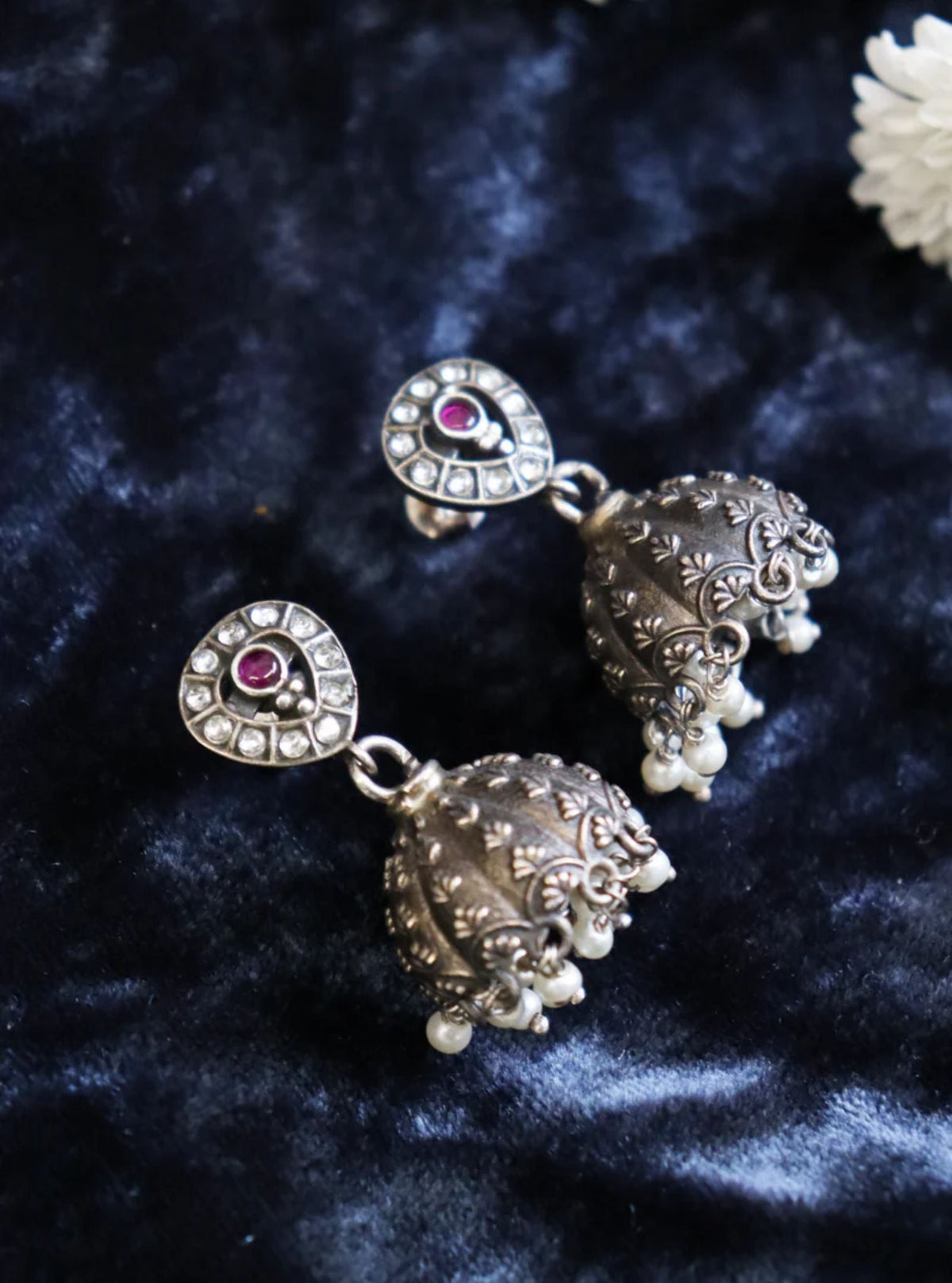 Pure Silver Pink Stone Tribal Jhumka