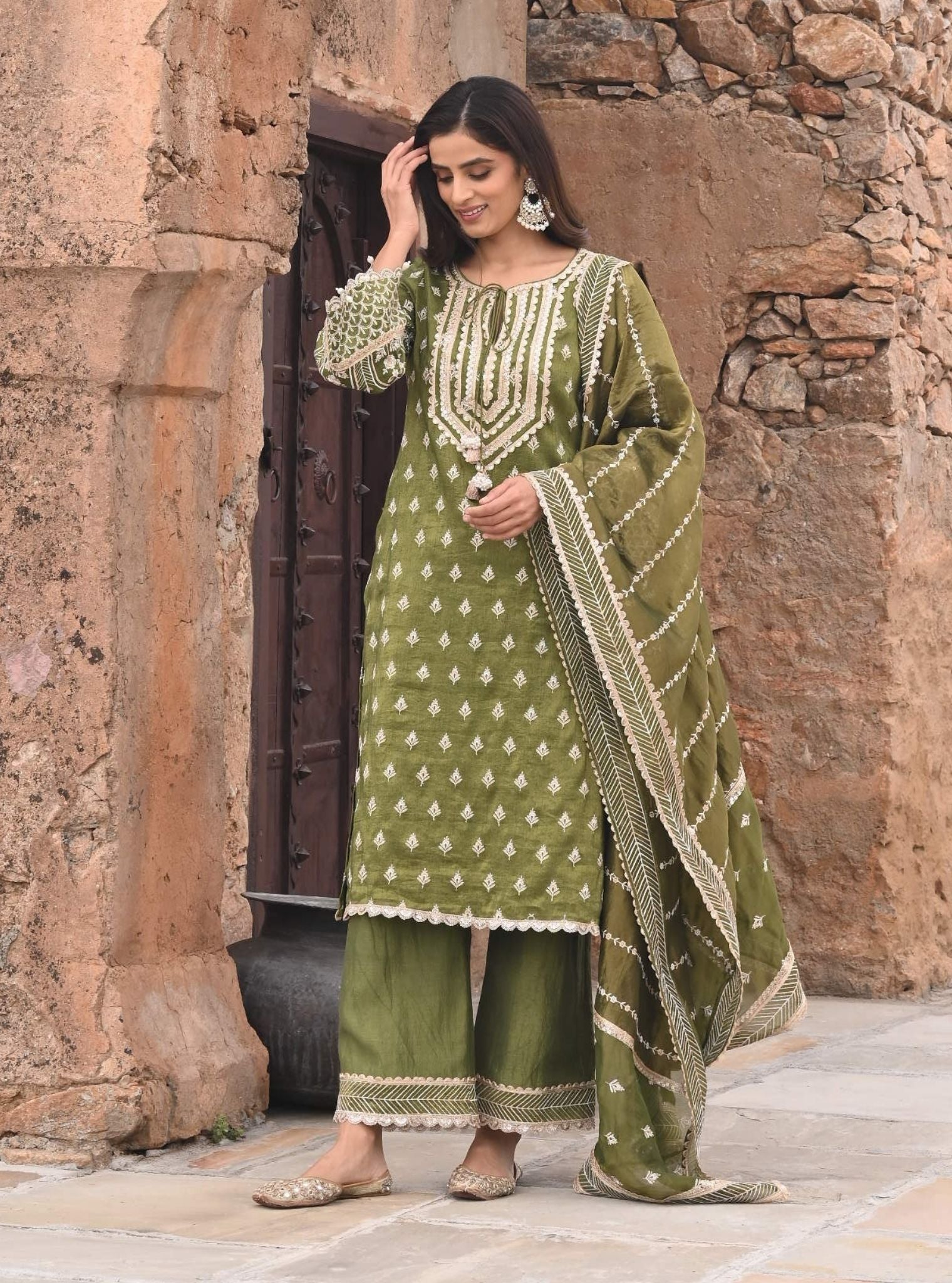 Dholna Luxe Tissue Satin Moss Green Kurta Set