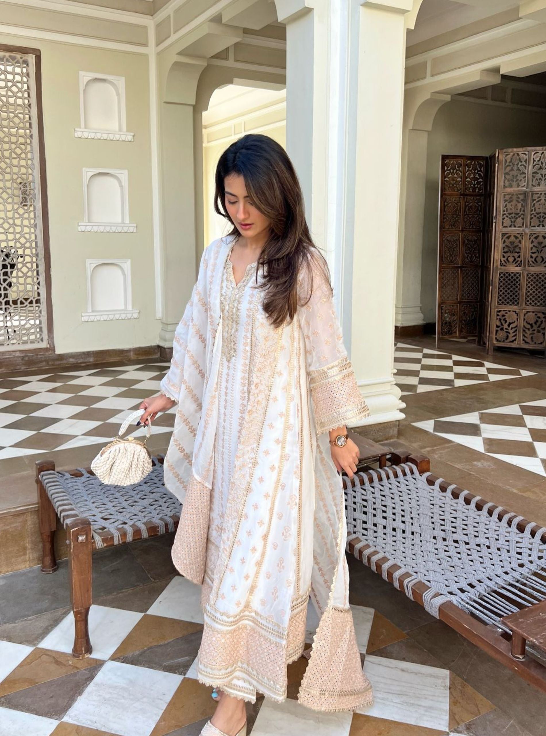 Katha Organza Off White Anarkali Kurta Set