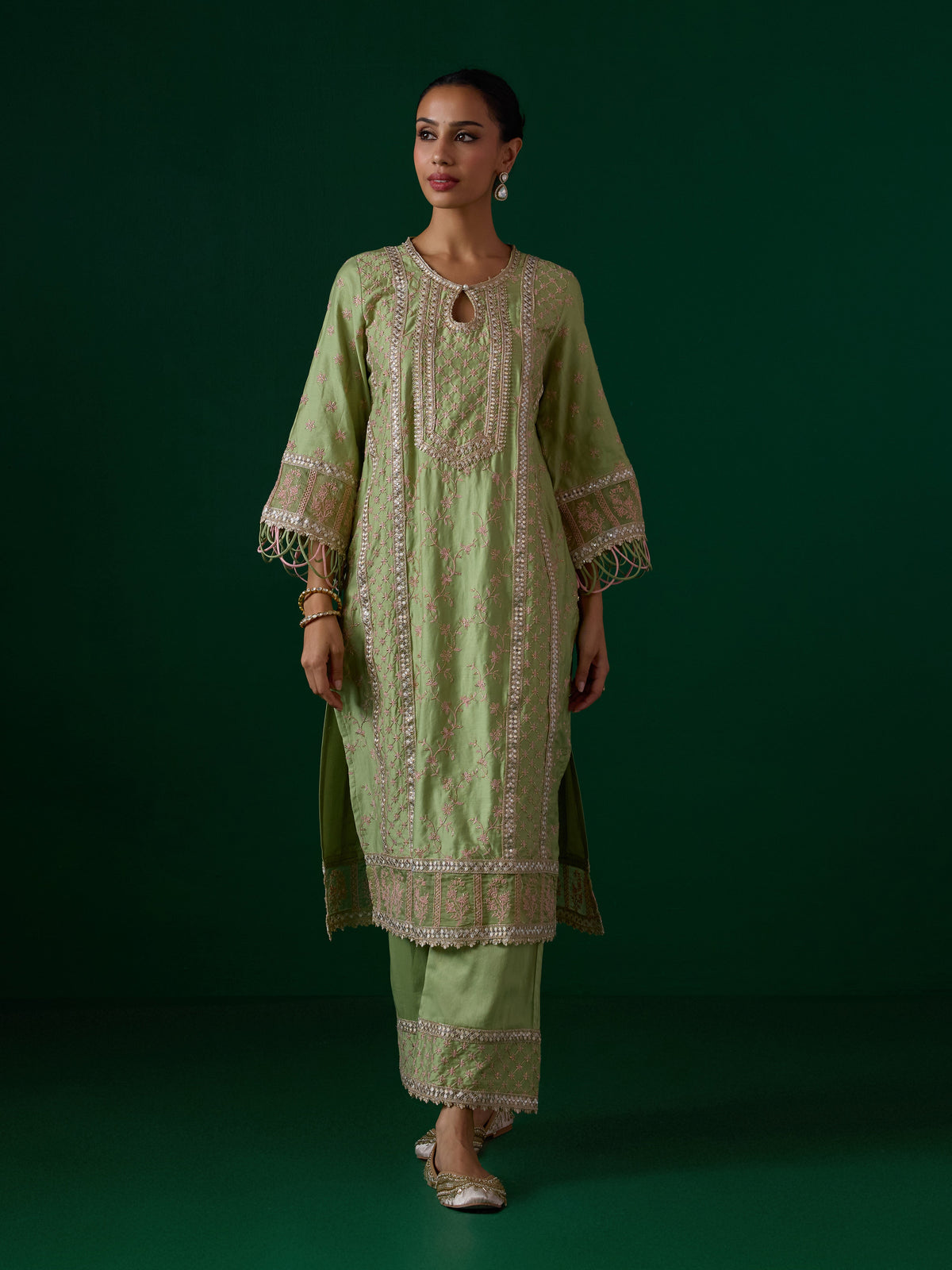 Briti Pima Satin Pista Green Kurta Set