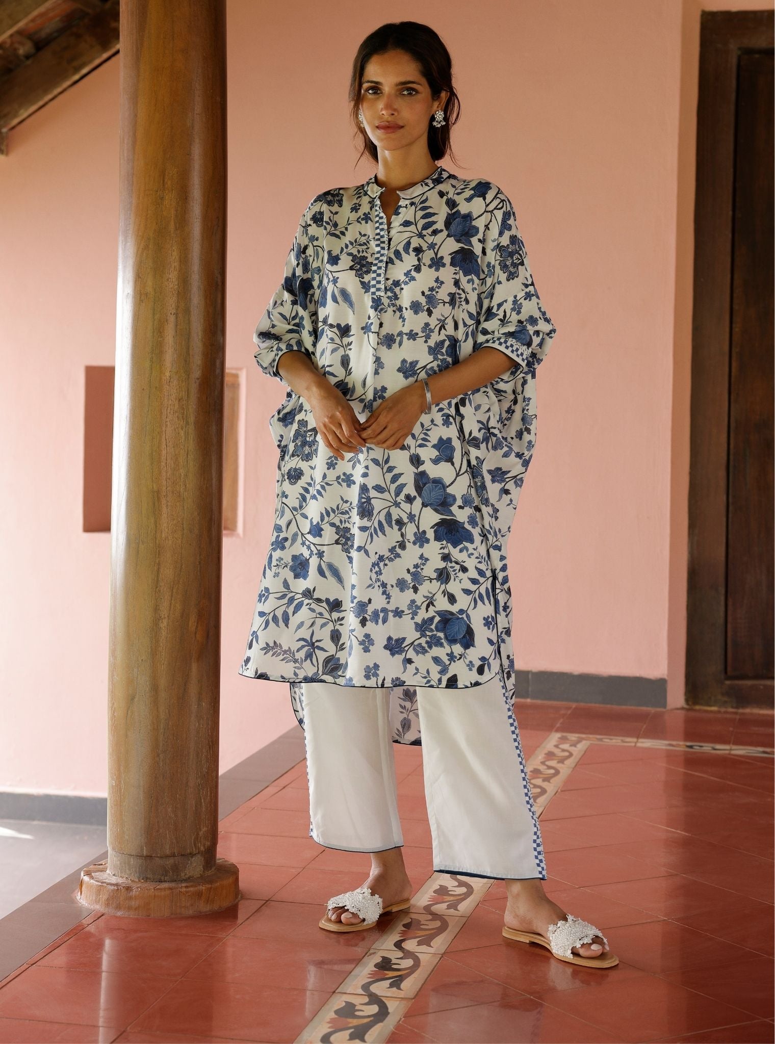 Marius Lawn Printed White/Navy Kurta Set