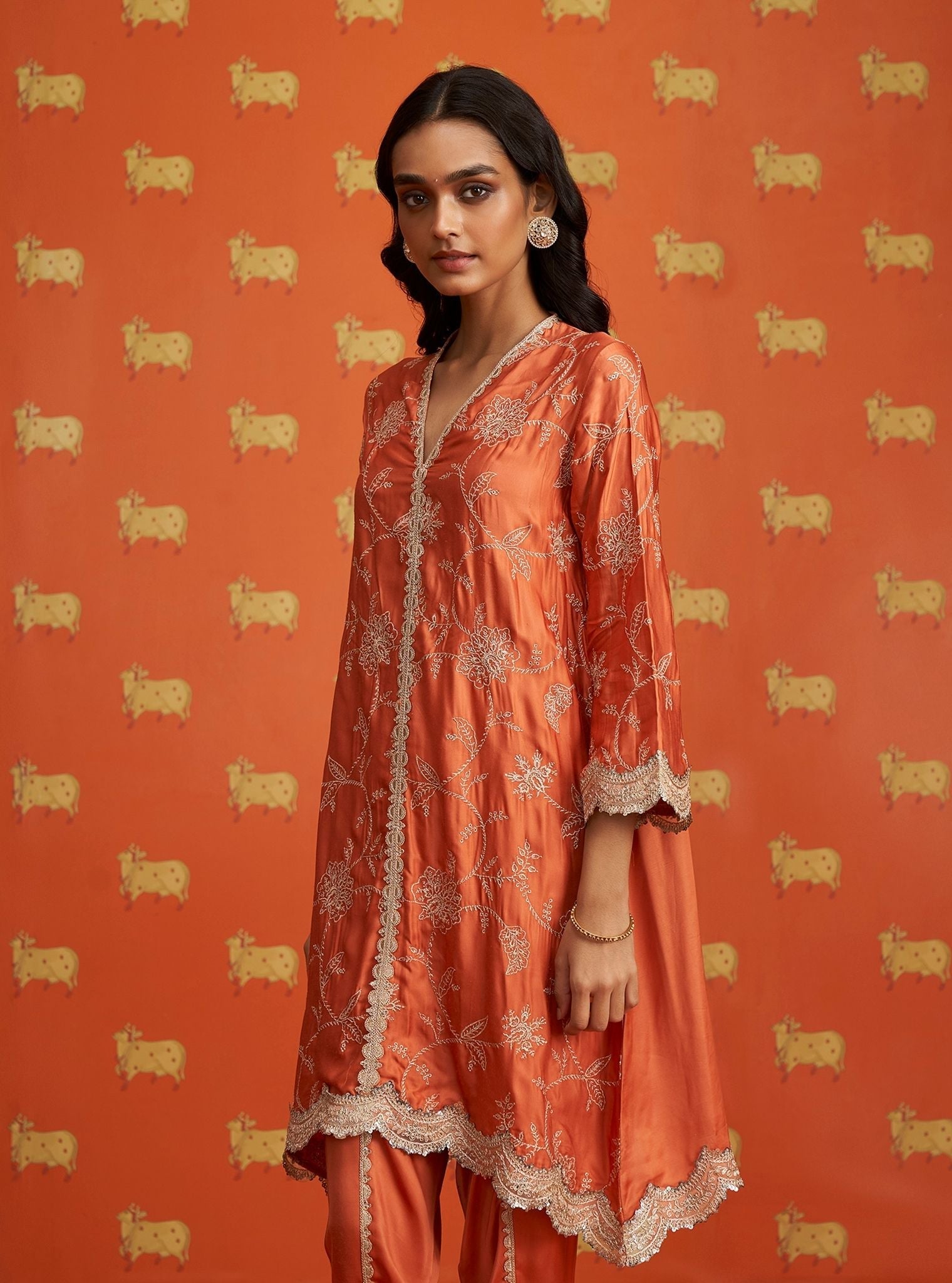 Yihwa Cupro Satin Burnt Orange Kurta Set