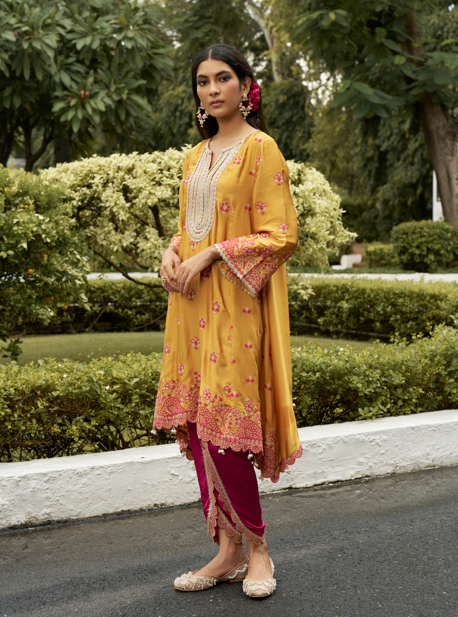 Angana Cupro Satin Mustard Kurta Set