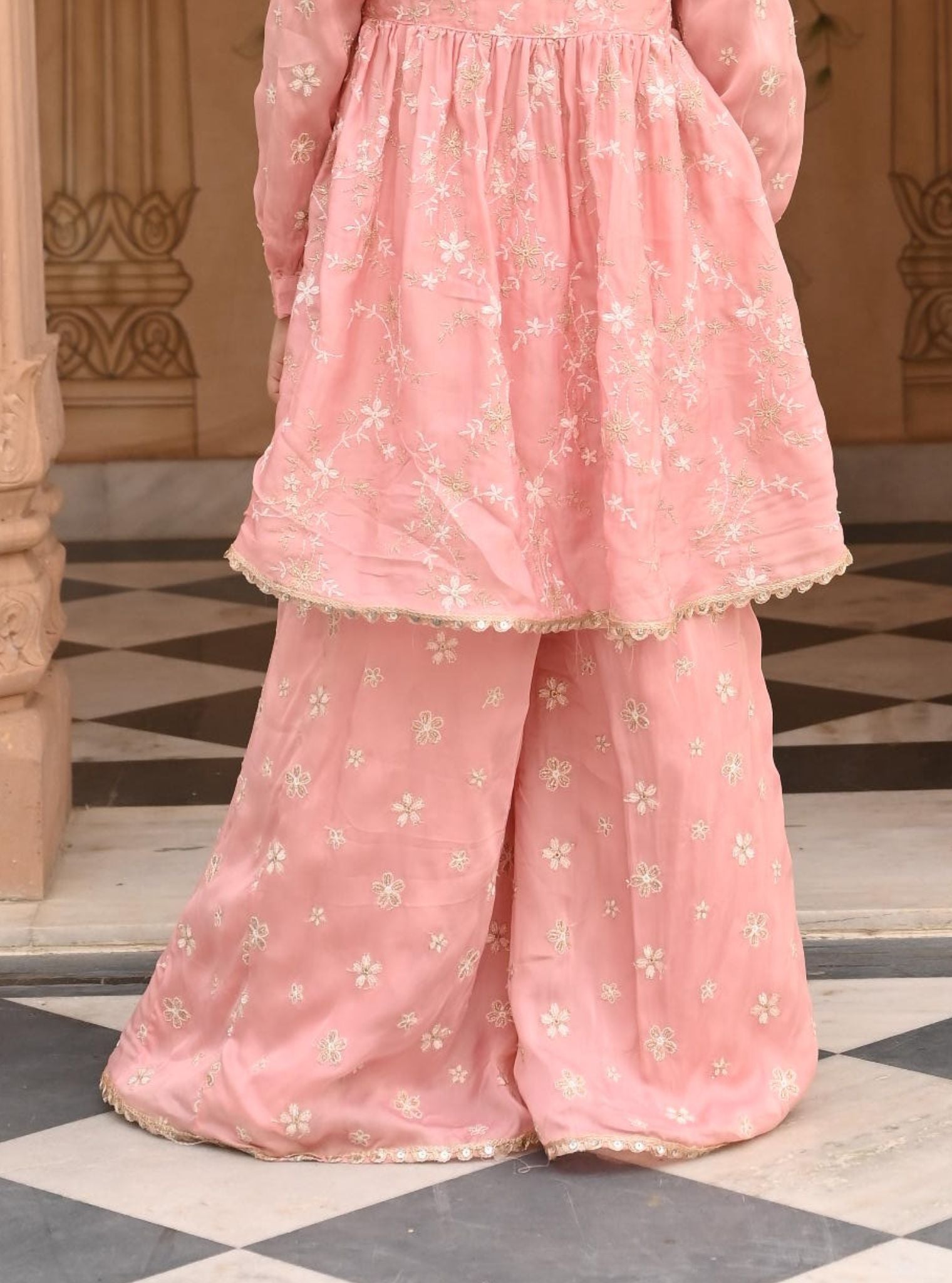Doria Organza Satin Pink Kurta with Sharara Set