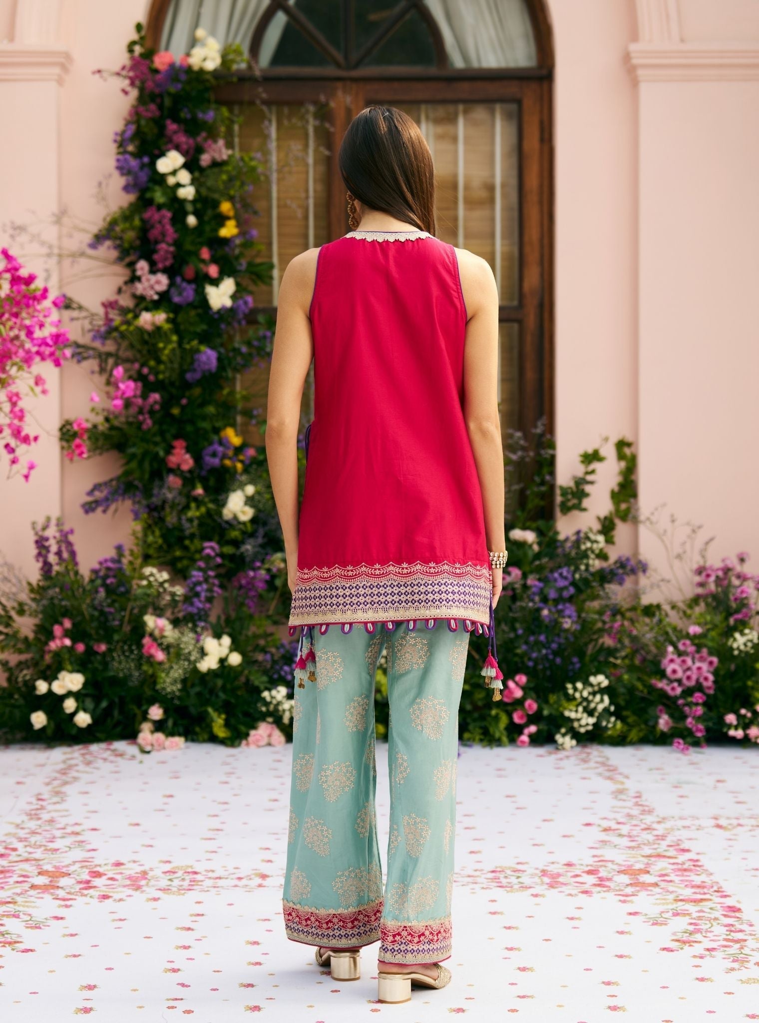 Sugandh Pima Satin Fuchsia Kurta With Farshi Salwar