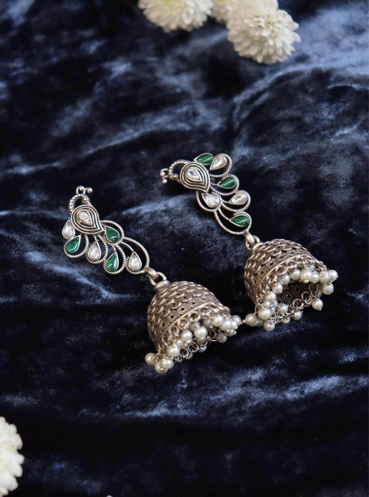Pure Silver Green Peacock Tribal Jhumka