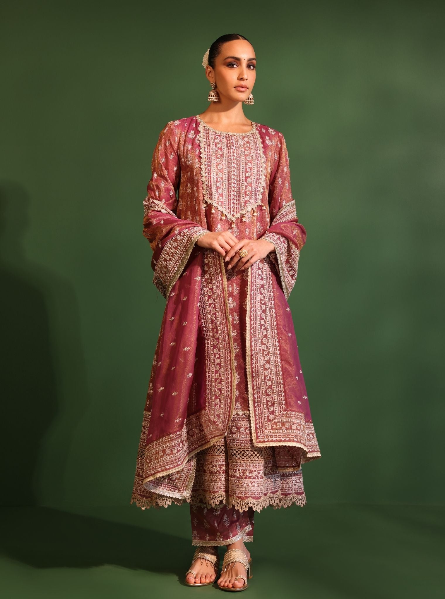 Mulmul Luxe Organza Jalwa Plum Anarkali Kurta With Mulmul Luxe Organza Jalwa Plum Pant