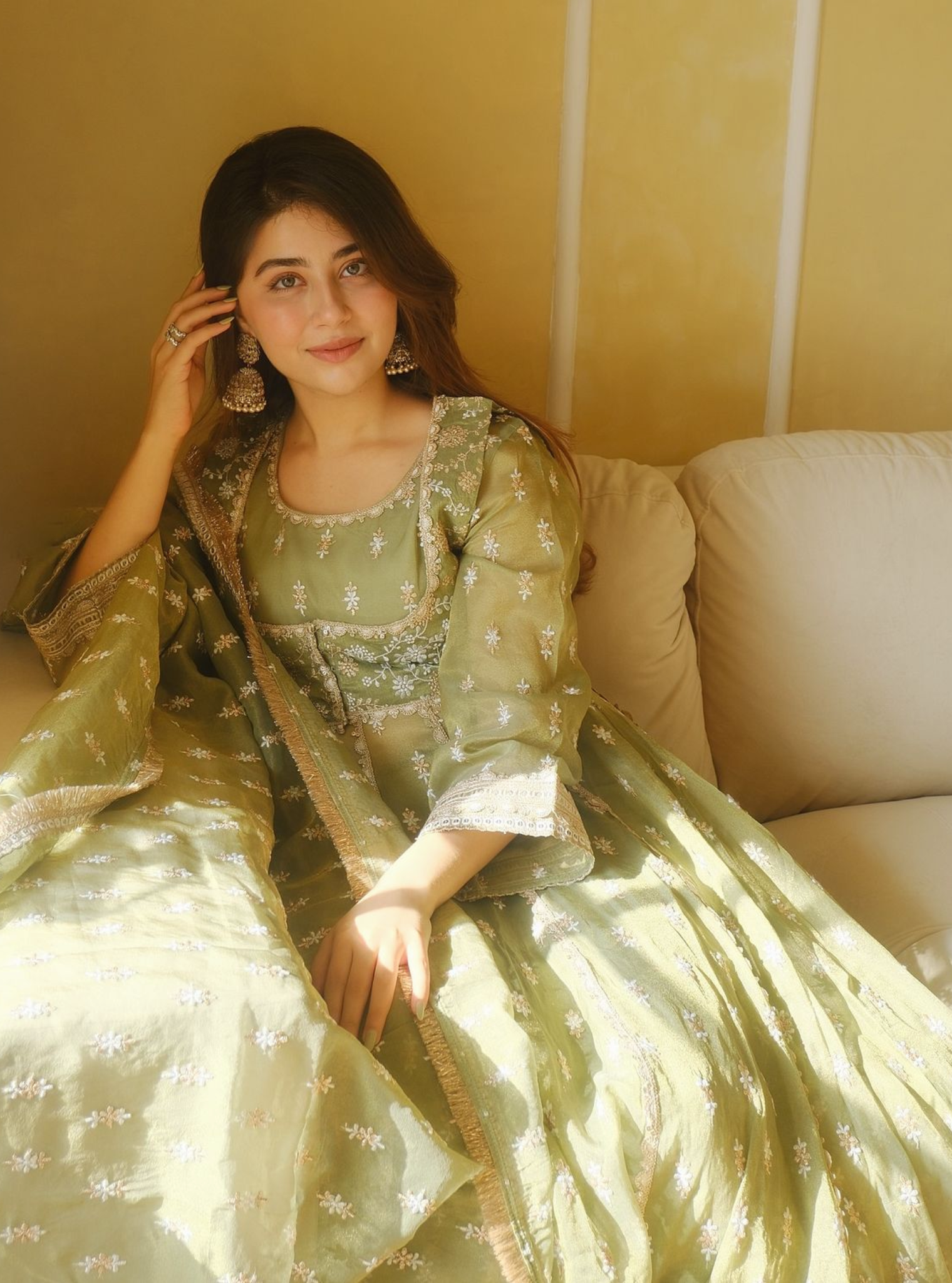 Genda Royal Tissue Sage Green Anarkali Kurta Set