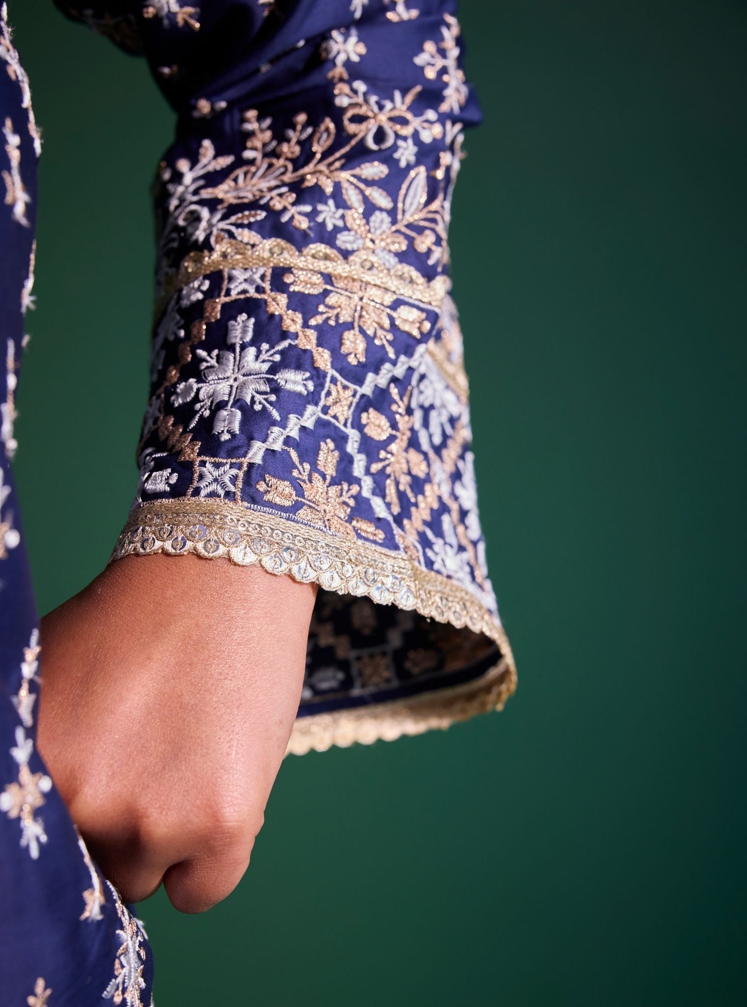 Kalander Pima Satin Navy Kurta Set