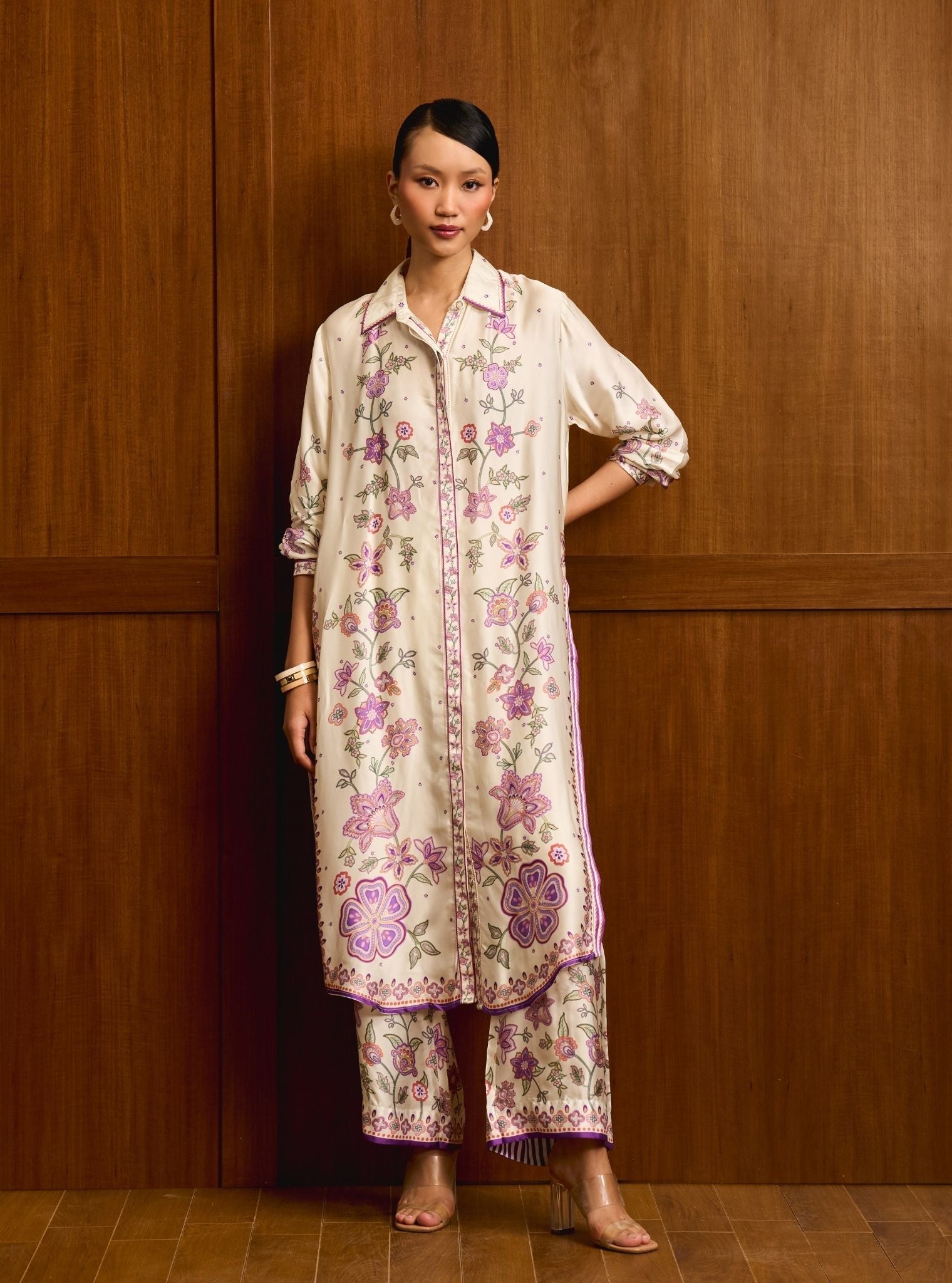 Mrina Cupro Satin Off White Long Shirt Co-ord Set