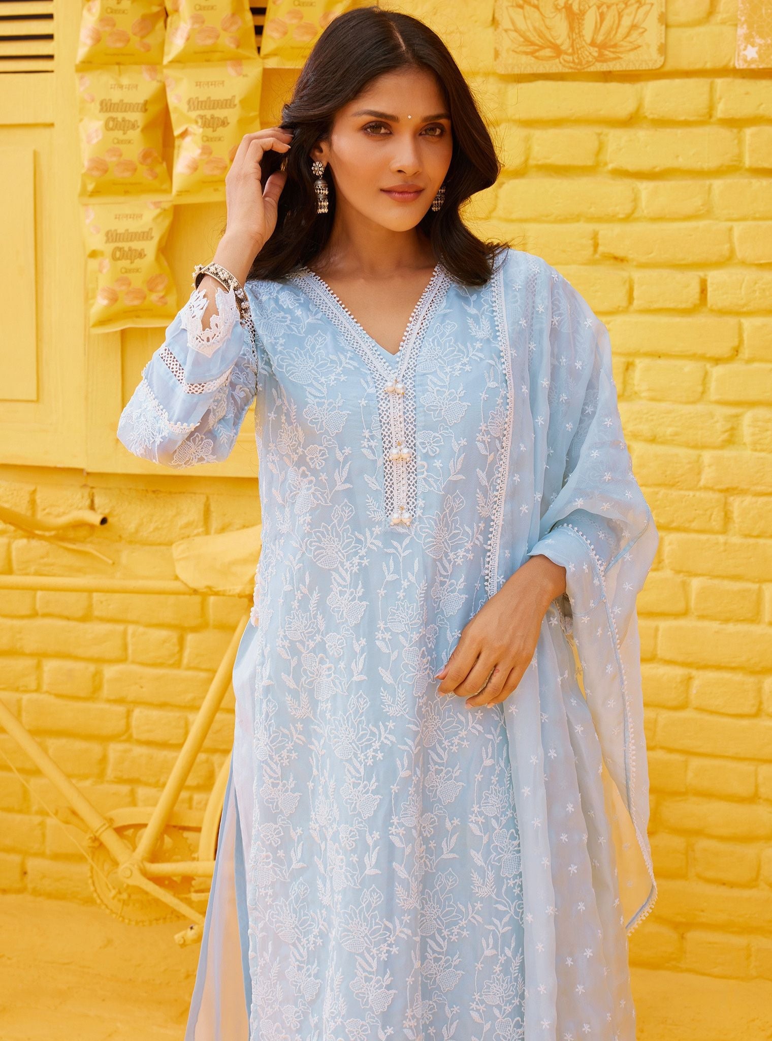 Cahya Organza Light Blue Kurta Set