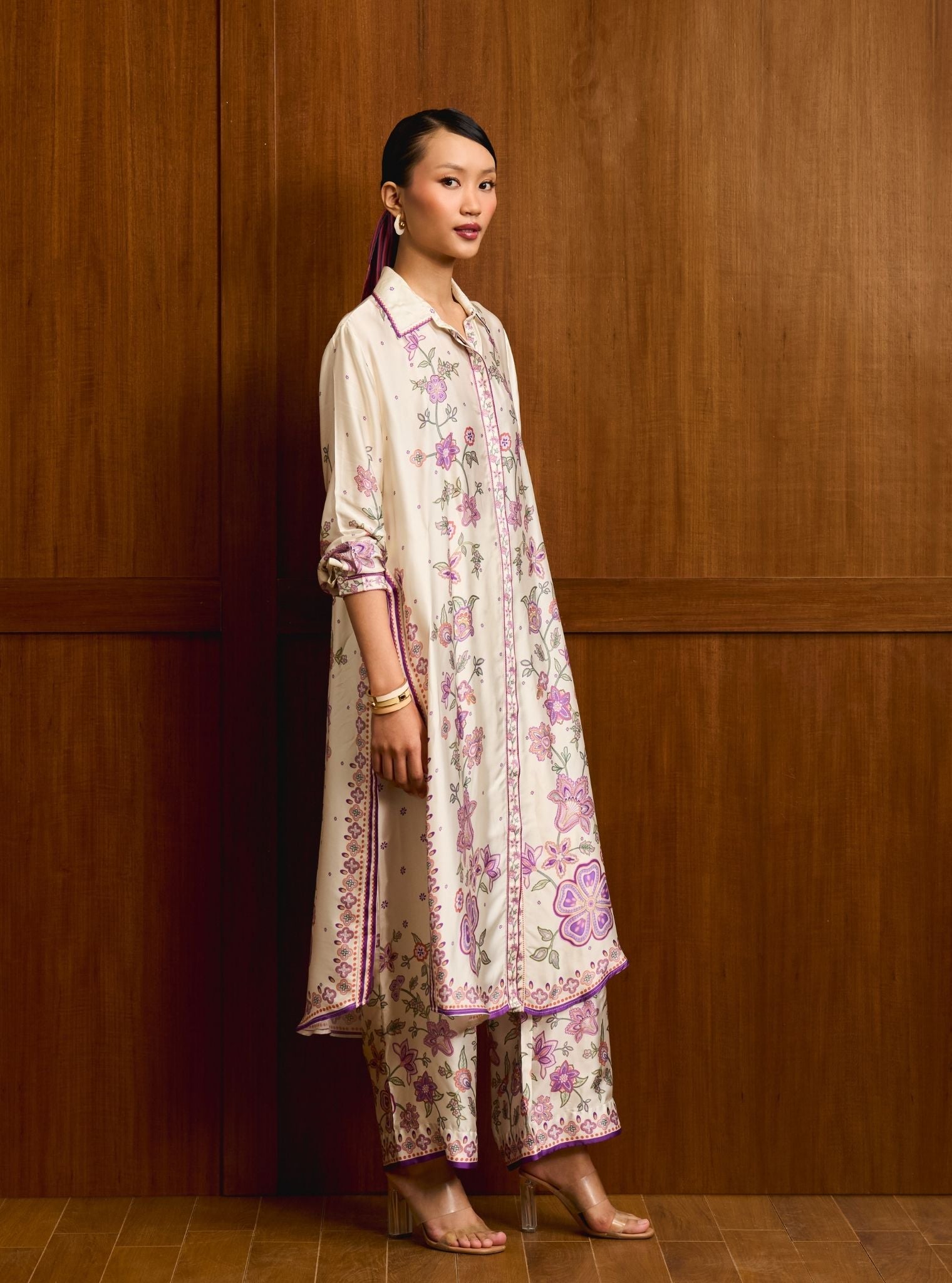 Mrina Cupro Satin Off White Long Shirt Co-ord Set