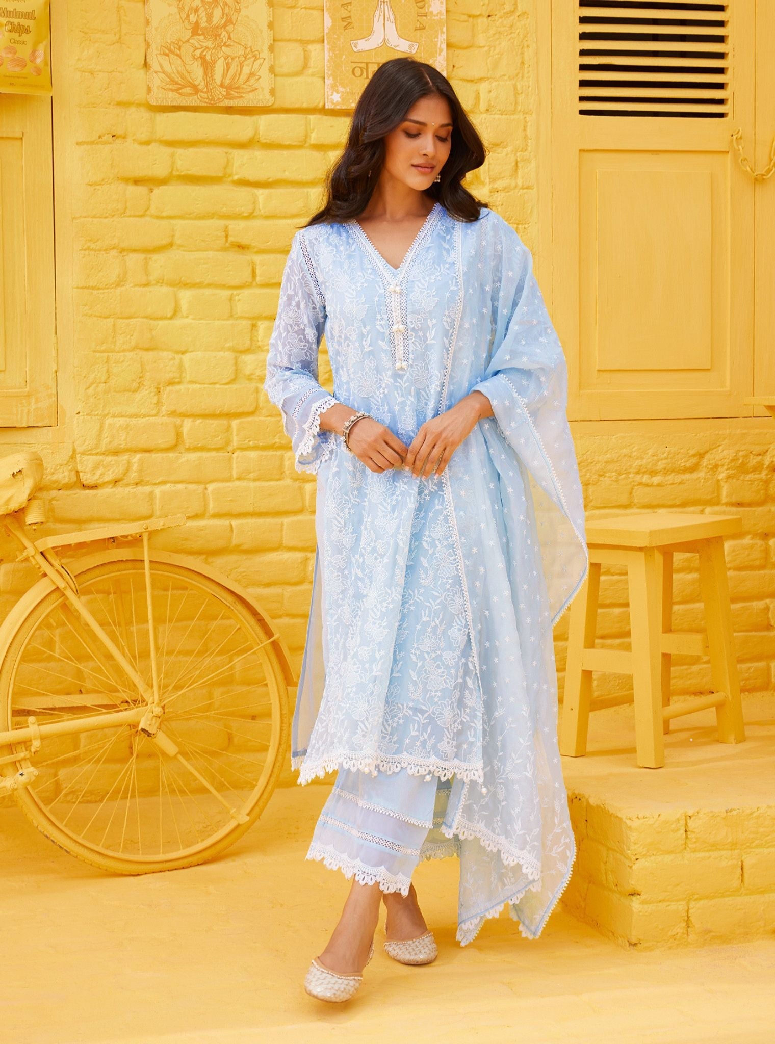 Cahya Organza Light Blue Kurta Set